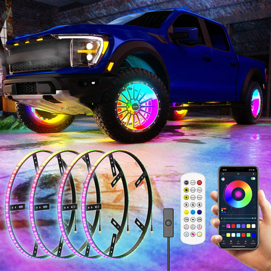 SUNPIE Wheel Lights RGB Wheel Light for Truck Universal 14.5’’ RGB Rim Light for Car/SUV - Wheel Well Ring Lights with Sequential and Multi-Color for All Vehicles, Including Instruction Manual