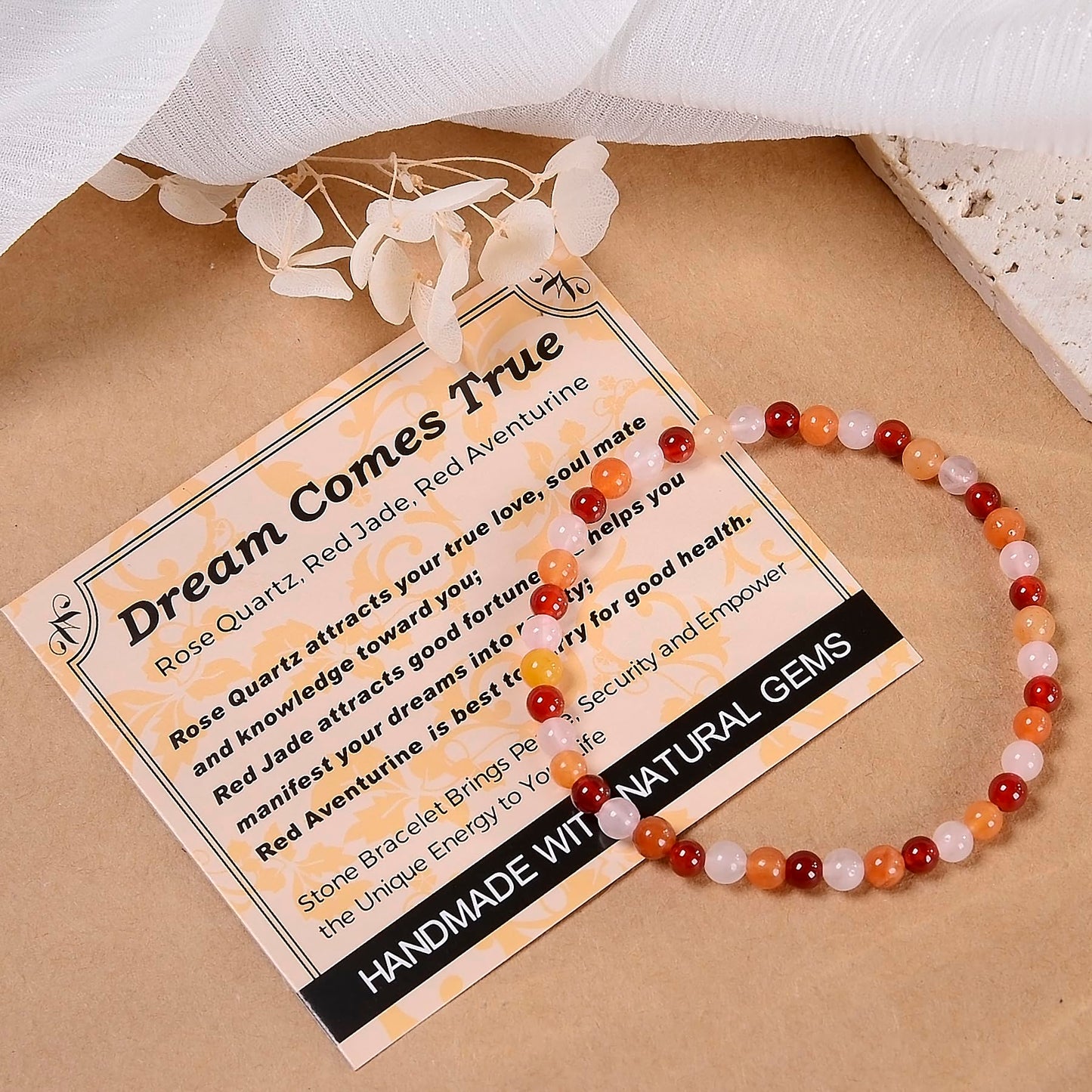 MASSIVE BEADS Rose Quartz Red Jade Red Aventurine - Dream Comes True Handmade Handmade Yoga Stretch Elastic Bracelet Natural Stone Crystal Healing Power Energy Gifts for Unisex Adult 4mm