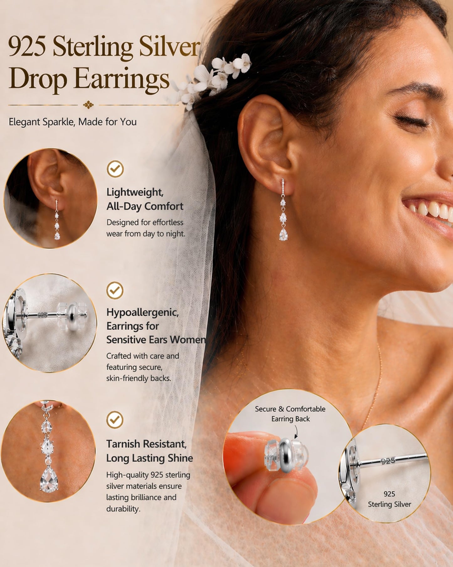 Asdecy 925 Sterling Silver Dangle Earrings for Women Trendy Brides Drop Dangle Cubic Zirconia Elegant Prom Bridal Bridesmaids Wedding Anniversary Dangling Jewelry