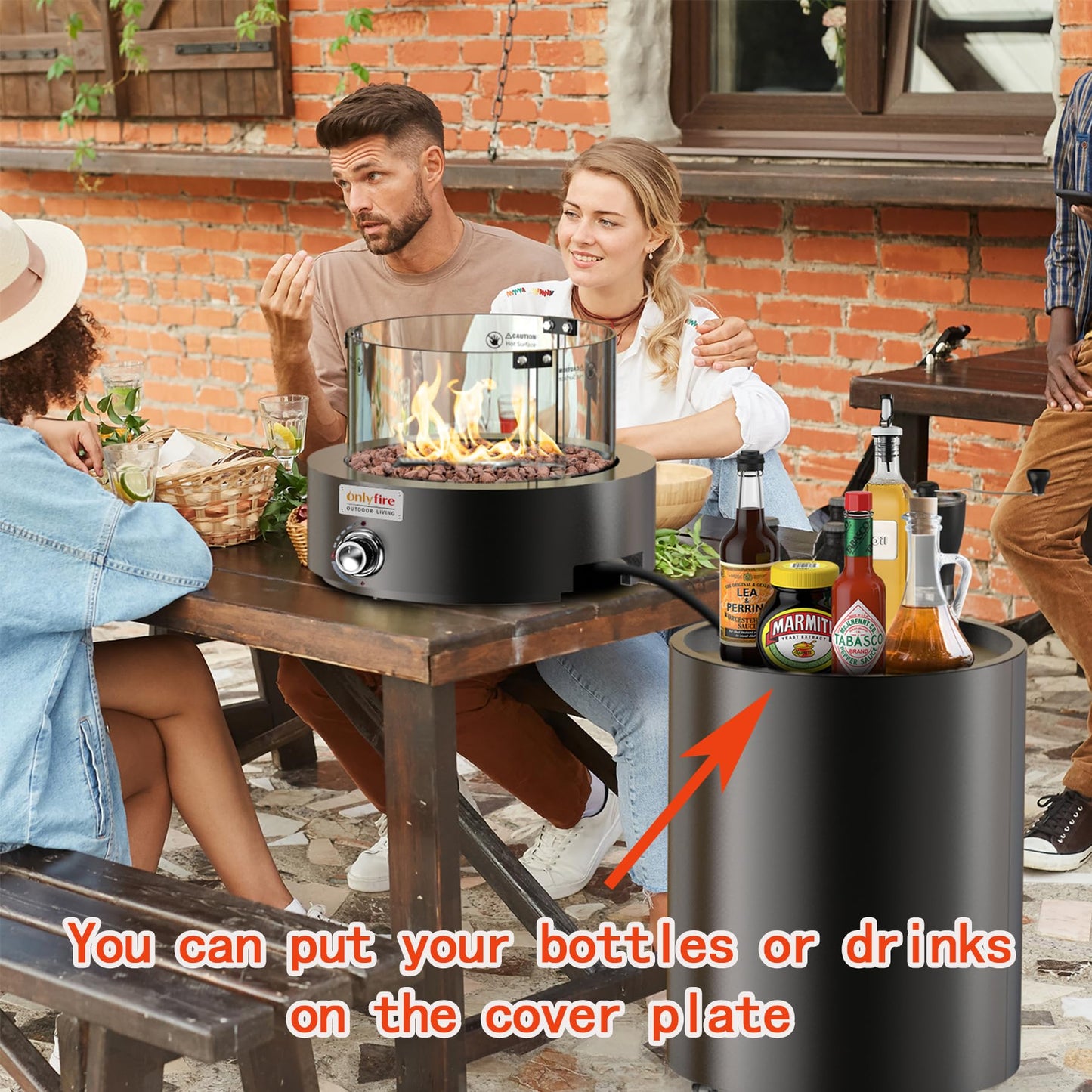 ONLYFIRE OUTDOOR LIVING Detachable Gas Fire Pit with Lava Rocks, Glass Shield & Wheels, Smokeless Propane Firepit with Hose for Patio Backyard Camping RV Tailgating Restaurant Beach, Round, FP034