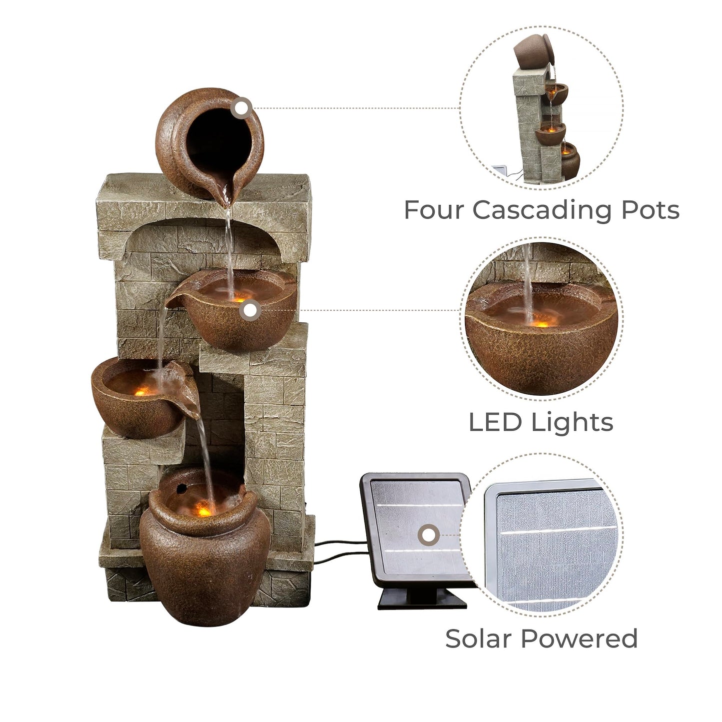 Teamson Home 28 in. Cascading Bowls and Stacked Stones LED Outdoor Water Fountain for Outdoor Living Spaces to Create a Calming Oasis in Gardens and Landscaping, on Patios, Balconies, Lawns, Brown