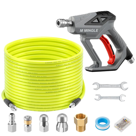 M MINGLE Sewer Jetter Kit for Pressure Washer 100 FT, Drain Cleaner Hose with Power Washer Gun, 1/4 Inch NPT Corner Rotating and Button Nose Sewer Jetting Nozzle, Orifice 4.0, 4.5