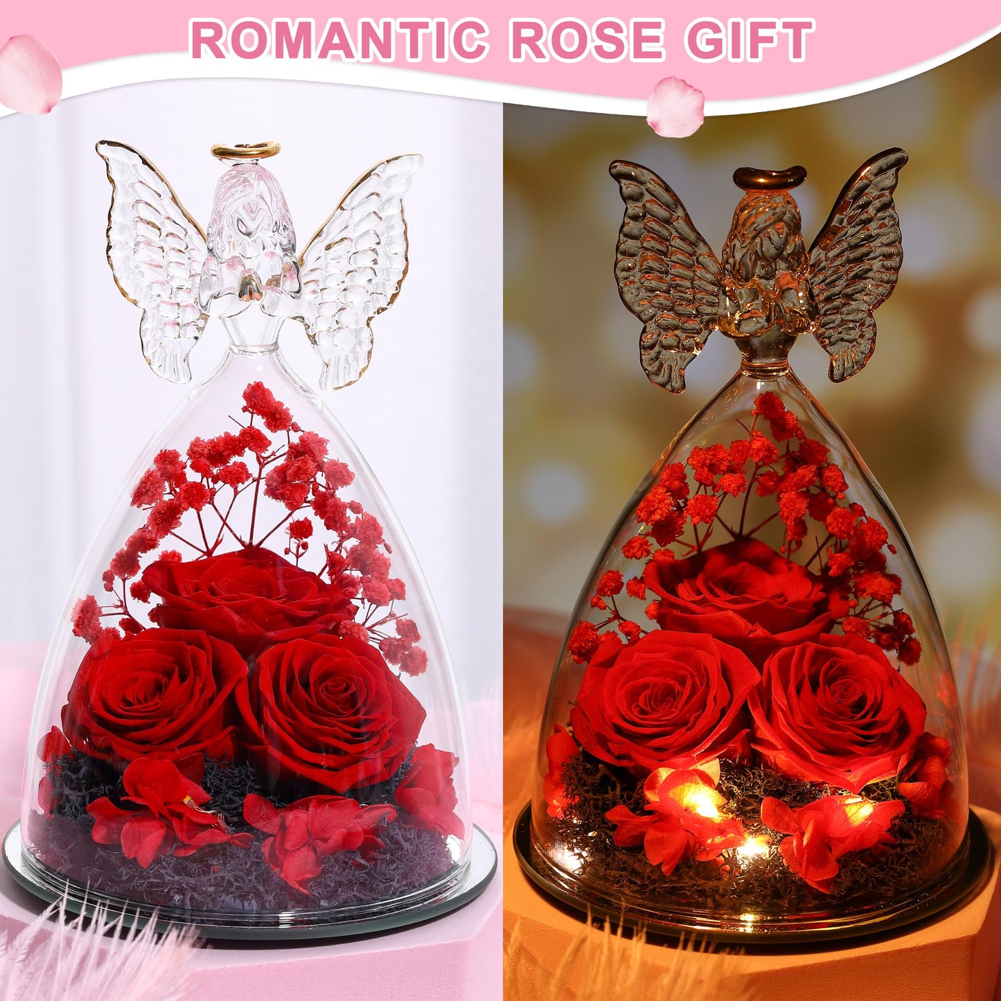 Tiaronics Mothers Day Rose Gifts for Women Preserved Real Flower in Glass Angel Figurines Roses for Delivery Prime Birthday Gifts for Mom Grandma Girlfriend Wife Her - Red