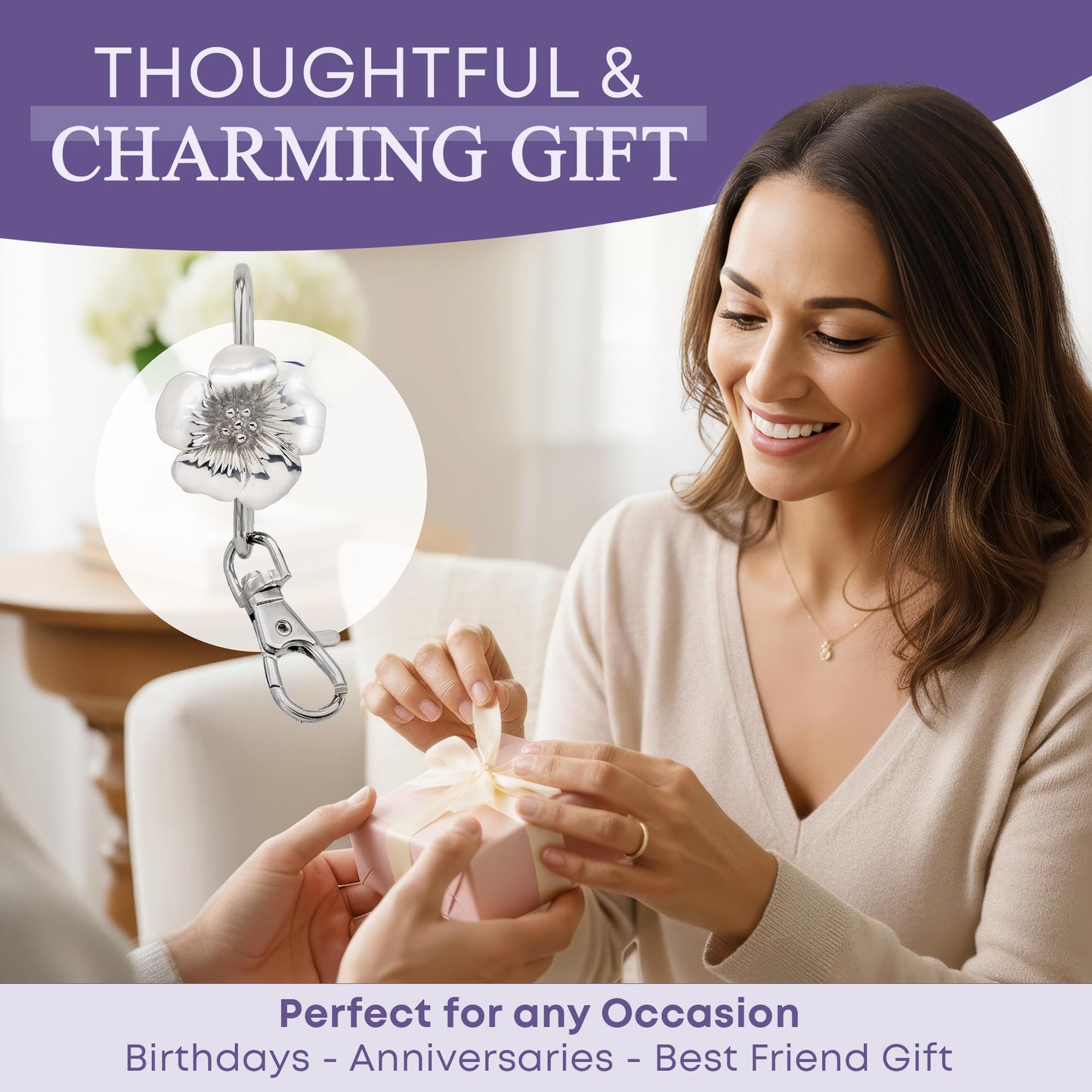Women’s Bag Charm Key Finder, Car Keychain Hook, Cute Purse Organizer & Tote Bag Accessories, Gifts for Mom - Silver Floral