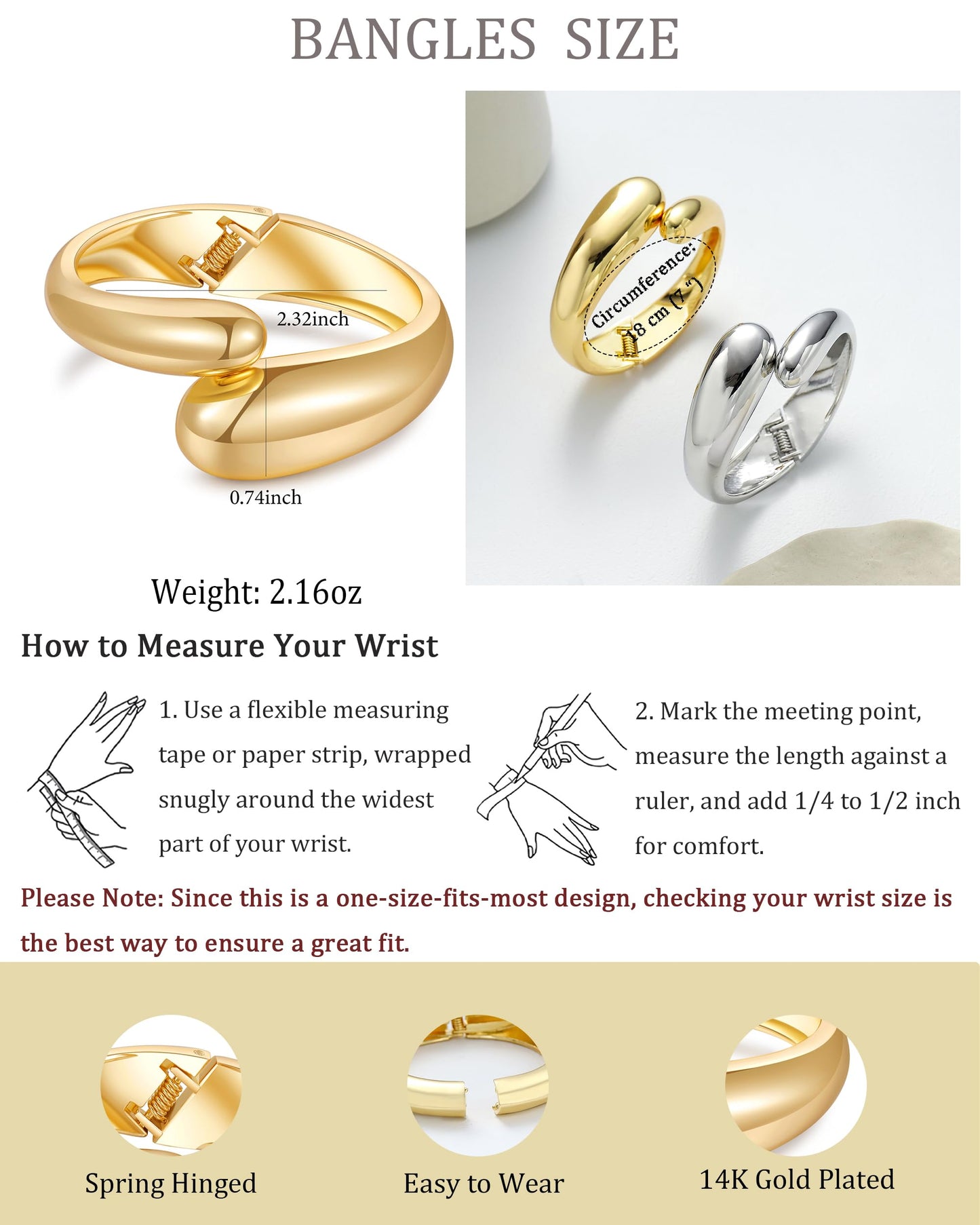 AYWFCBF Chunky Bangle Bracelets for Women | Trendy Hinged Cuff Open Wide Chunky Gold Bracelet Stack | Arm Cuff Jewelry for Women | 2-Pack Bangles