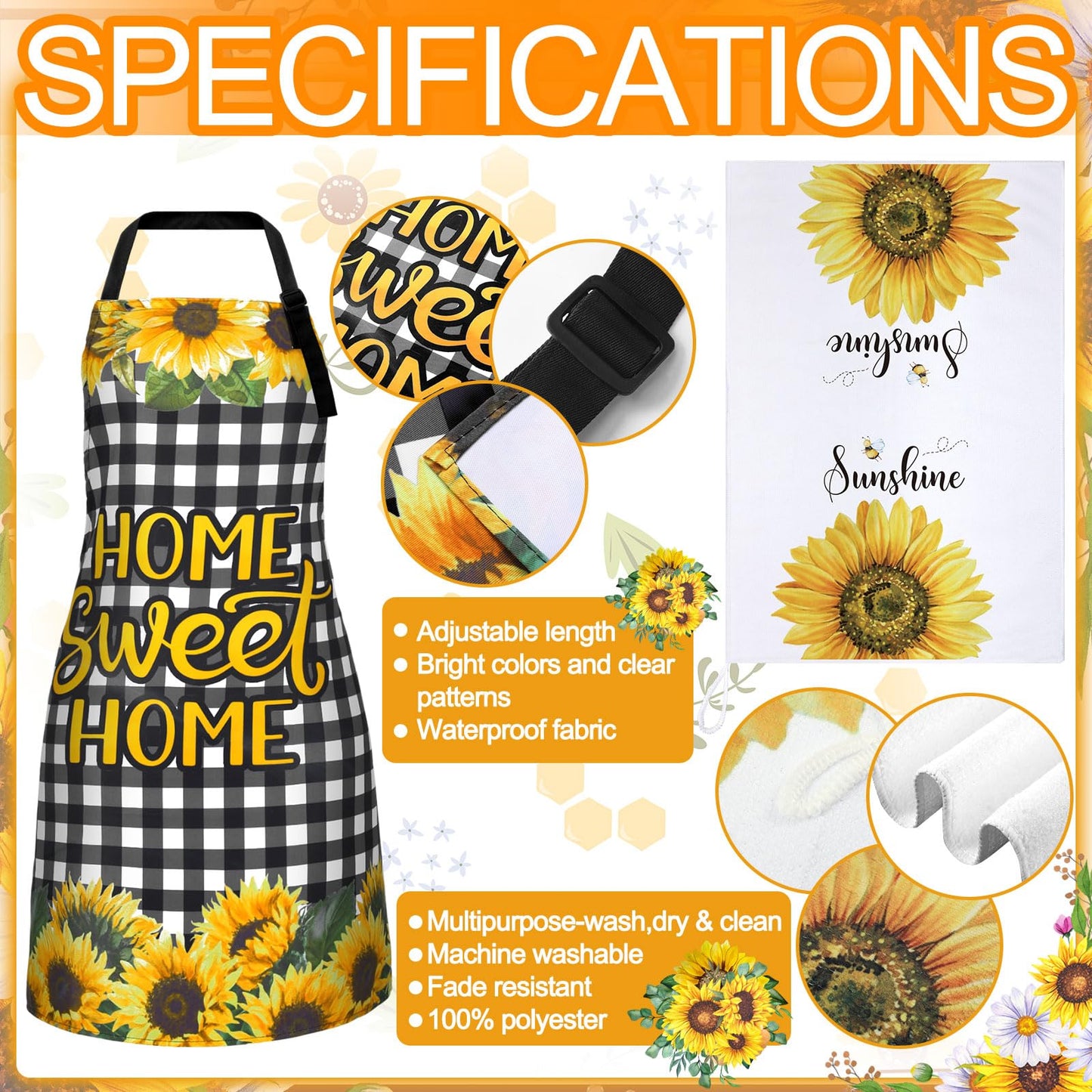 Bencailor 13 Pcs Sunflower Kitchen Set Sunshine Farmhouse Kitchen Decor Rustic Sunflower Dish Towels Retro Yellow Apron Oven Mitts and Pot Holders with Cute Wooden Tableware Set for Home