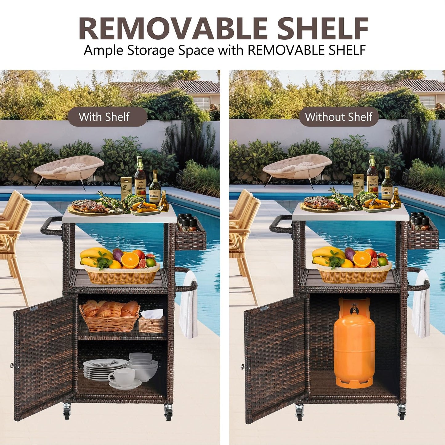 Grill Cart Outdoor with Wheels Outdoor Prep Table Grill Station with Storage Outdoor Kitchen Island Serving Cart with Stainless Steel Table Top BBQ Storage Cabinet for Outside Wicker Bar Cart Brown