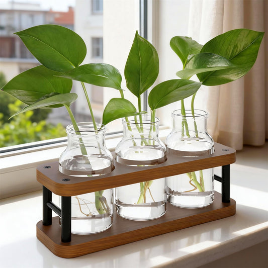 THYGIFTREE Plant Propagation Station with Wooden Stand, Propagation Vases Glass Planters for Indoor Plants Hydroponic Propagating Jars Home Office Decor, Brown
