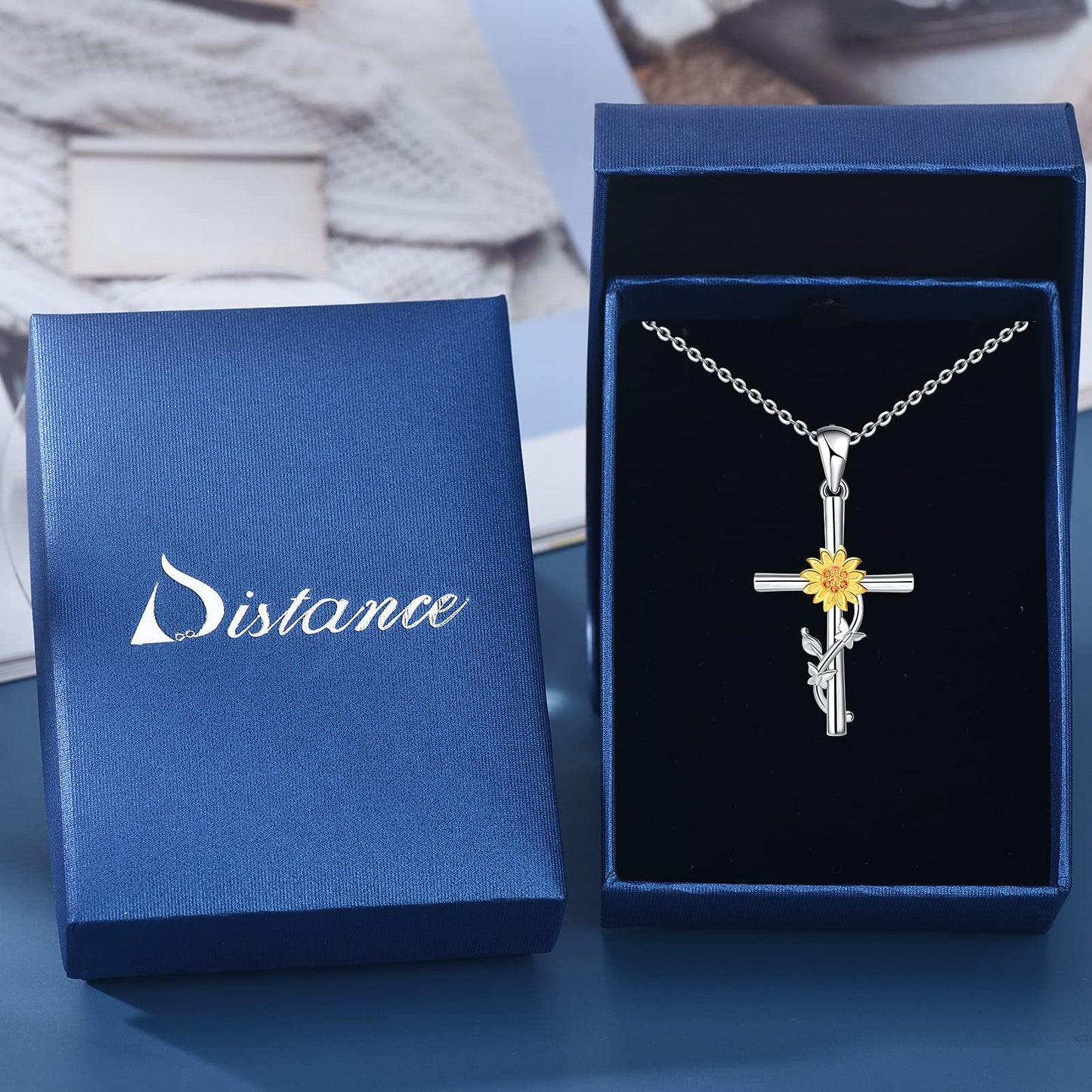 Distance Cross Necklace for Women 925 Sterling Silver Double Butterfly and Sunflower Pendant Necklace for Mom Wife Gift for Mother's Day or Birthday