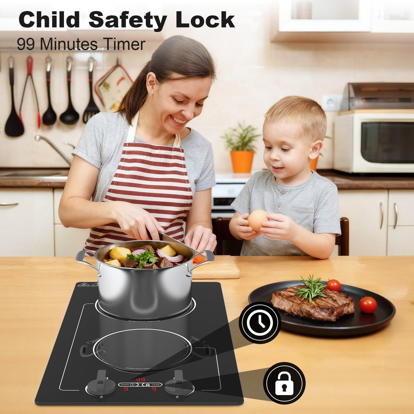 VBGK 2 burner Induction cooktop,110V 2300W double burner hot plate with LED Touch Screen, 9 Power Levels, Kids Lock & Timer, Overheat Protection, knob and touch control Double Induction Cooktop