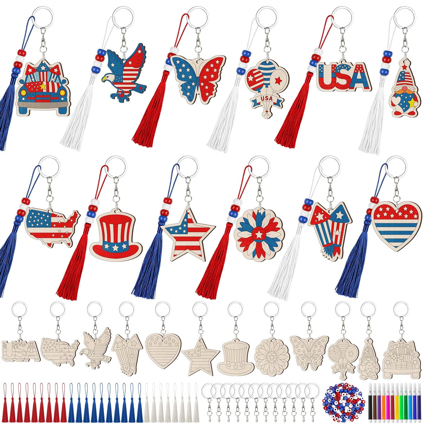 Cinrobiye 24 Set Patriotic Crafts Kits DIY Art and Craft Kit Bulk 4th of July Wooden Paint Keychains Gifts for Home School Art Project Activitiy 250th Anniversary Memorial Day Independence Day Decors