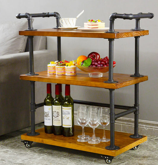 DOFURNILIM Industrial Pipe Bar Carts/Serving Carts/Kitchen Carts/Wine Rack Carts on Wheels with Shelves - Wood Rolling Carts - Wine Tea Liquor Shelves/Holder - Home Furniture