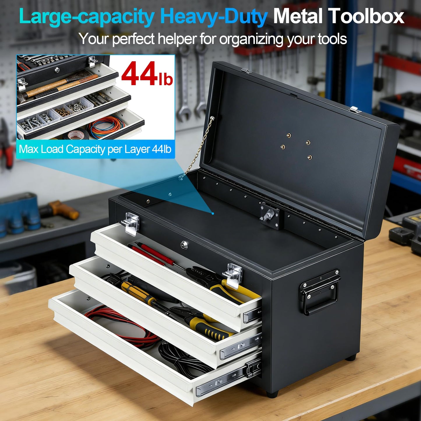 Cityeagle 3 Drawers 22" Portable Metal Tool Box, Heavy Duty Toolbox with Double Locking System & Unique Built-in Drawer Lock, Tool Chest Organizer for Workshop, Garage, DIY Office Storage