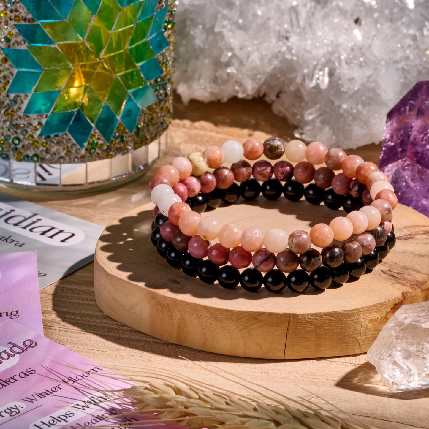 Bivei 3-Piece 4mm Beaded Bracelets for Women – Plum Blossom Jade, Rhodonite, Black Obsidian – Handmade Natural Crystal Stretch Elastic Jewelry for Meditation, Yoga, Protection Gifts