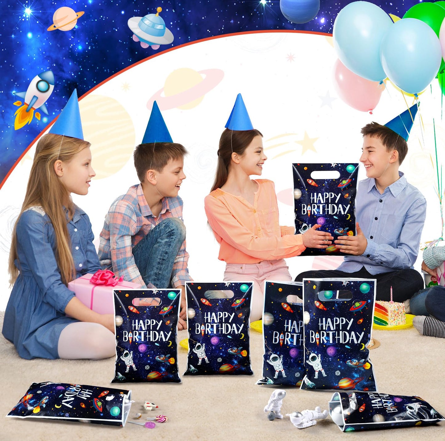 Bokon 50 Pcs Outer Space Birthday Bag Bulk Planet Galaxy Plastic Gift Bags with Handle Astronaut Solar System Party Favor Candy Bags for Kids Birthday Space Theme Party Bags Supplies