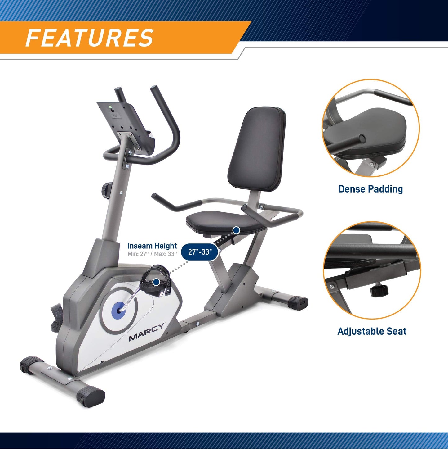 Marcy Magnetic Recumbent Exercise Bike with 8 Resistance Levels NS-40502R,Grey