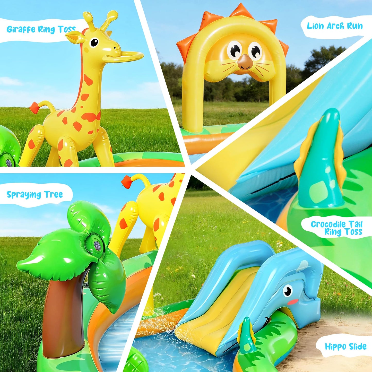SULIFEEL Zoo-Themed Inflatable Play Center Kiddie Pool with Slide and Sprinkler for Children, 100''x70''x40' in Baby Pool for Backyard and Garden