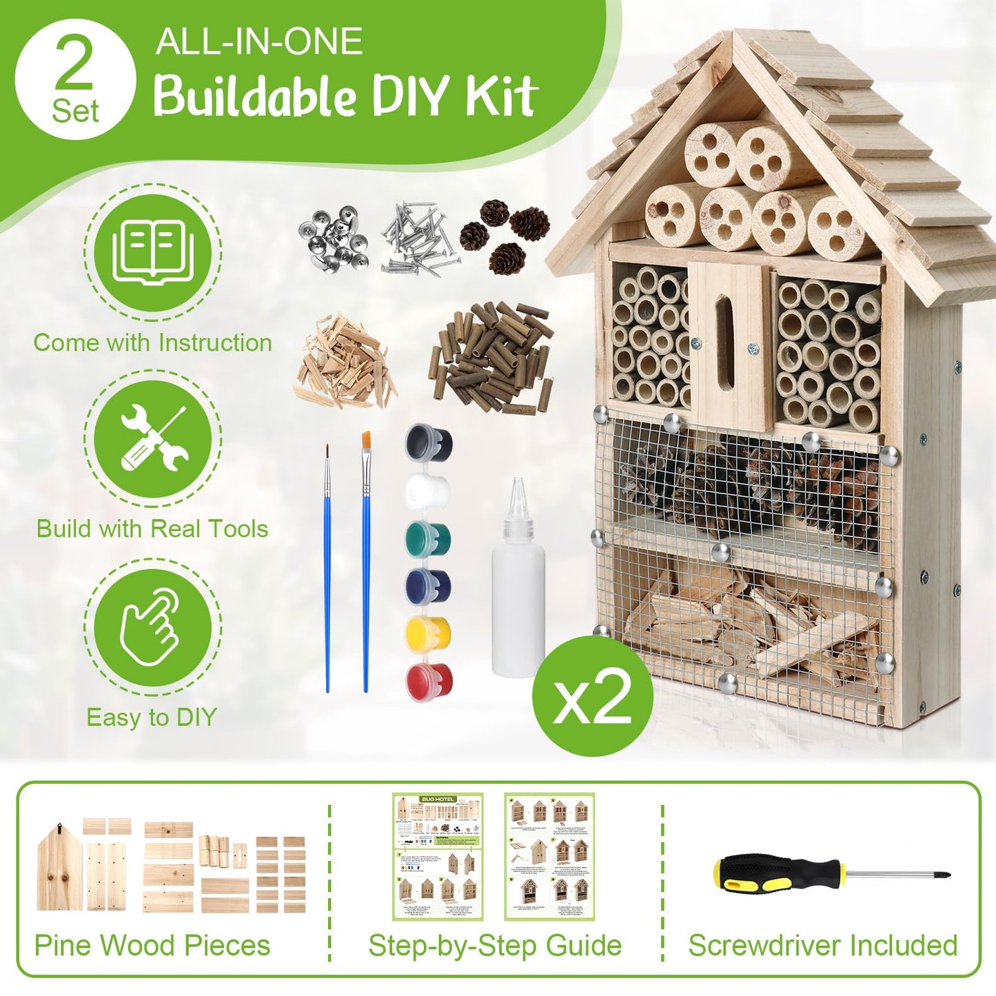 2 Set Bug Hotel Kit DIY Insect Hotel Lady Bug House for Garden DIY Cedar Wood Craft for Butterfly, Ladybird, Beneficial Insect Habitat Mason Bee House, 13.6 x 10.8 x 2.8 Inch(A)