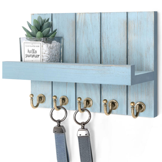 Rebee Vision Decorative Key Holder for Wall - Farmhouse Mail Organizer and Key Hanger Wall Mount for Floating Shelf with Hooks - Mid Century Home Decor Aesthetic (Distressed Blue,10-inch)