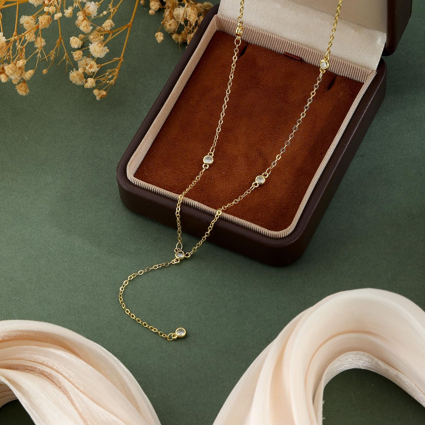 JIKASI Dainty Gold Necklaces for Women, Gold Long Necklace 14K Gold Plated CZ Drop Prom Bead Lariat Drop Chain Necklace Y-Shaped Station Chain Choker Trendy Wedding Jewelry Gifts