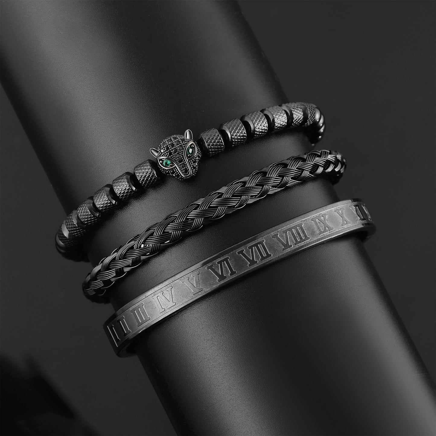 WFYOU 3PCS Stainless Steel Bracelets for Men Gold Roman Numeral Bangle Bracelet Twisted Cable Bracelet Adjustable Cuff Bracelet Mens Luxury Jewelry Bracelets Gifts(O:Black-CZ Leopard Head)