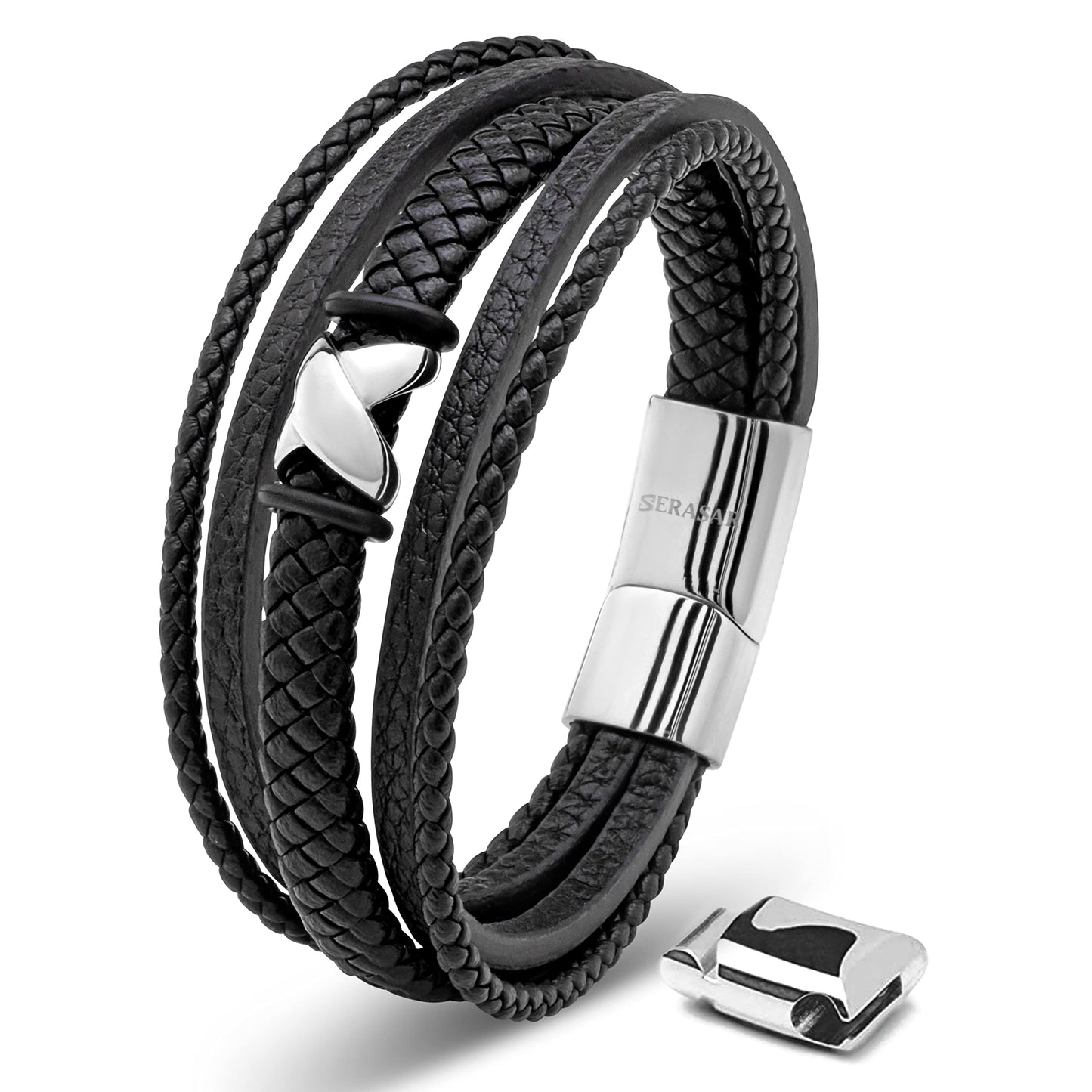 SERASAR Mens Silver Bracelets 23cm Bracelet Men Gift Box Genuine Leather Cowhide Braided Magnetic Clasp Multi Layer Wrap Rope Man Mans Male Band Jewelry Magnet Accessories