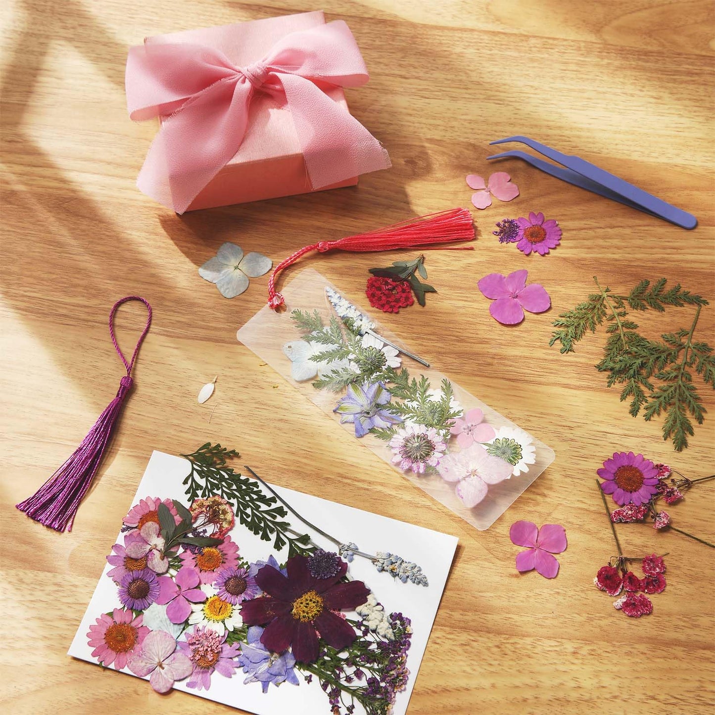 AmazingSpark 222 Pcs Dried Flower Bookmark Making Kit Include DIY Pressed Flower Colorful Tassels Ribbons and Transparent Bookmark Laminating Pouches 2 x 6 Inch(Purple)