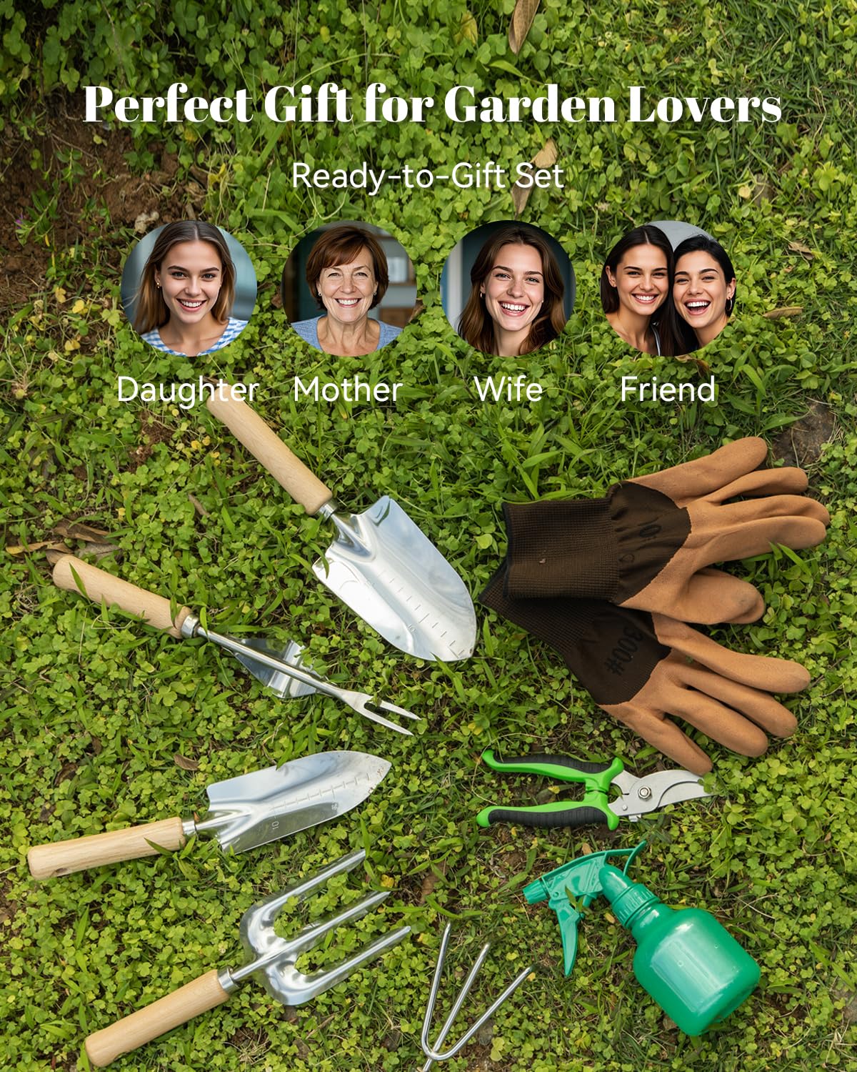 VerdantVibes 9-Piece Garden Tool Set - Heavy Duty Gardening Hand Tools with Ergonomic Non-Slip Grips, Rust-Resistant Shovel, Trowel, Rake, Pruner & Storage Bag - Ideal Gardening Gifts for Women