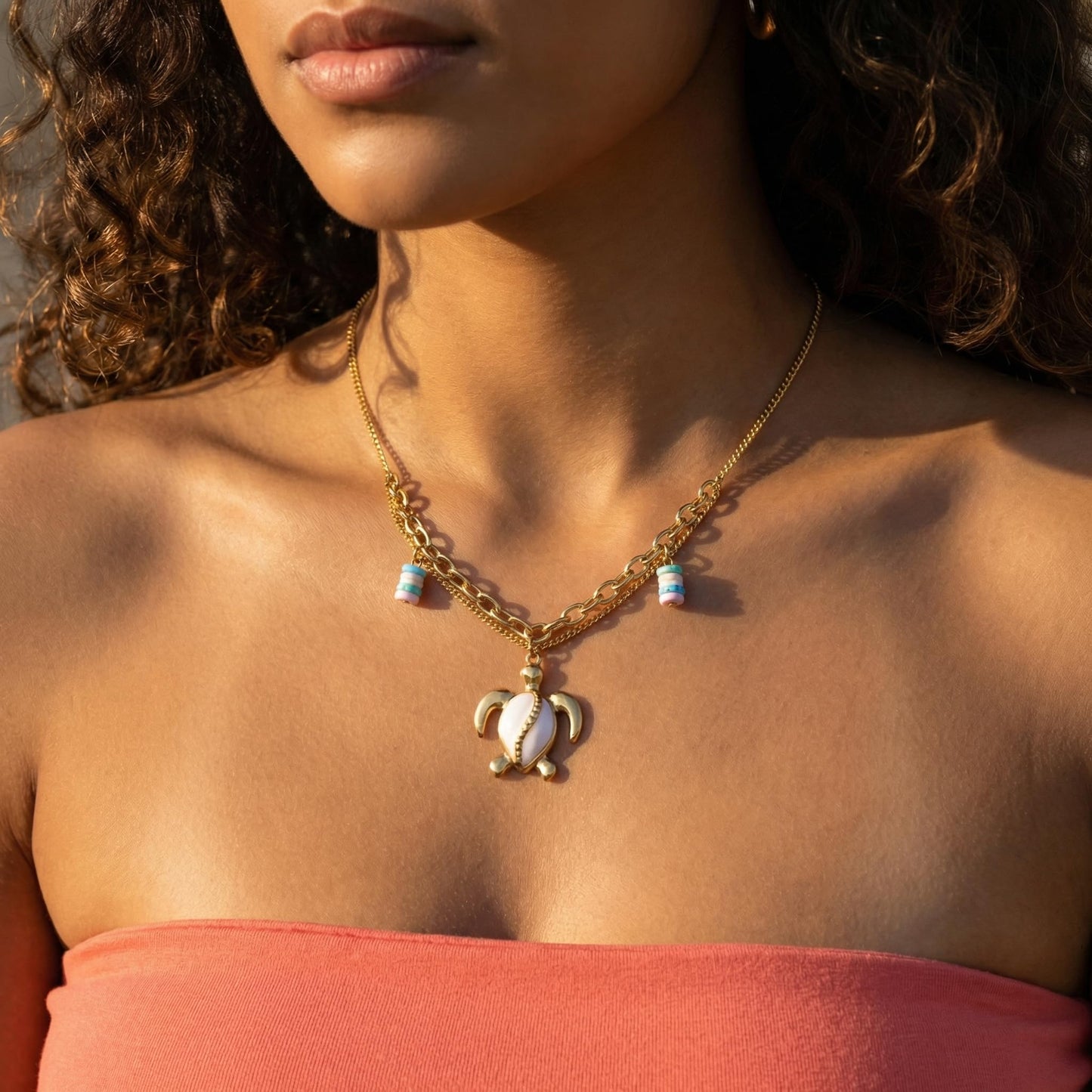 Harlermoon Gold Starfish Necklace for Women - 18K Gold Plated Stainless Steel Ocean Beach Jewelry, Sea Turtle Shell Pearl Pendant, Waterproof Non Tarnish Snake Chain Choker, Summer Vacation Mermaid Gifts (Turtle Box Chain)