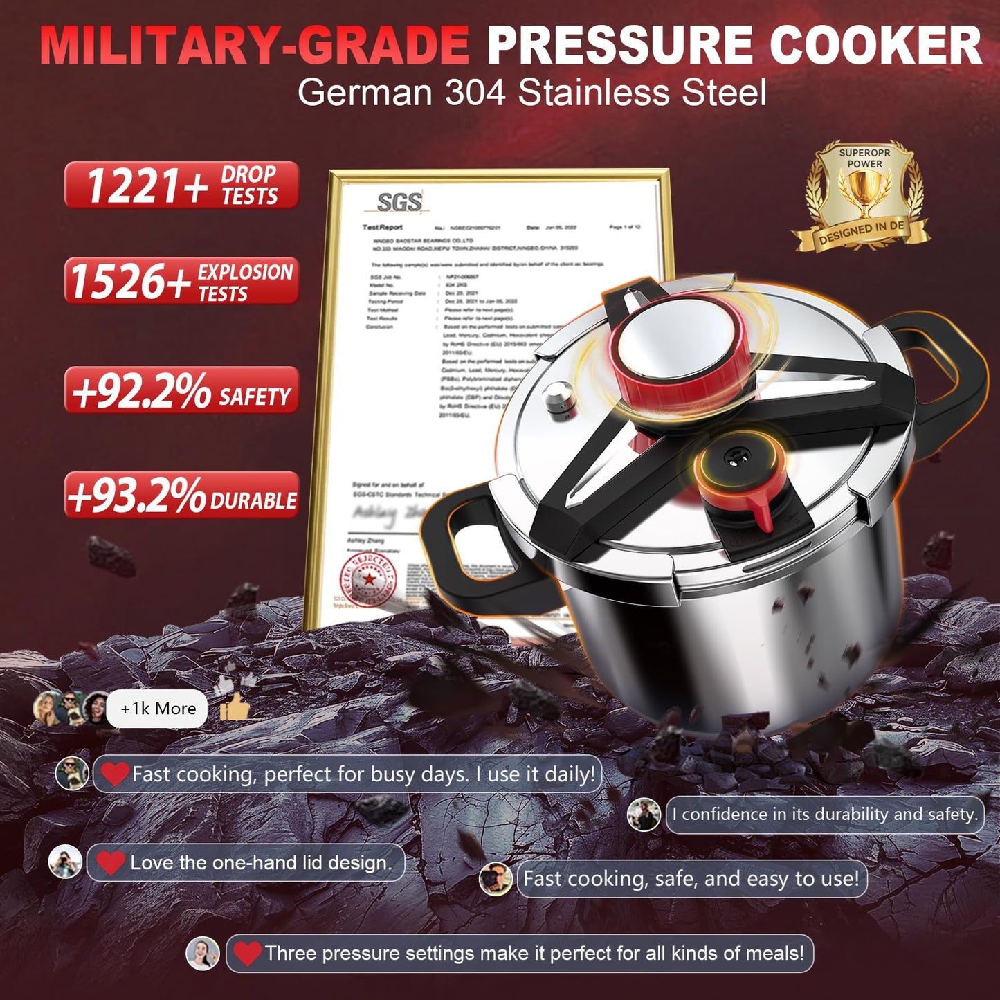 18/8 Stainless Steel Pressure Cooker 10 Quart, [One-Hand Locking] Pressure Cooker, [3-In-1] Olla de Presion, Induction Compatible, Gas Stovetop Compatible,Steamer Rack & Includes Glass Lid