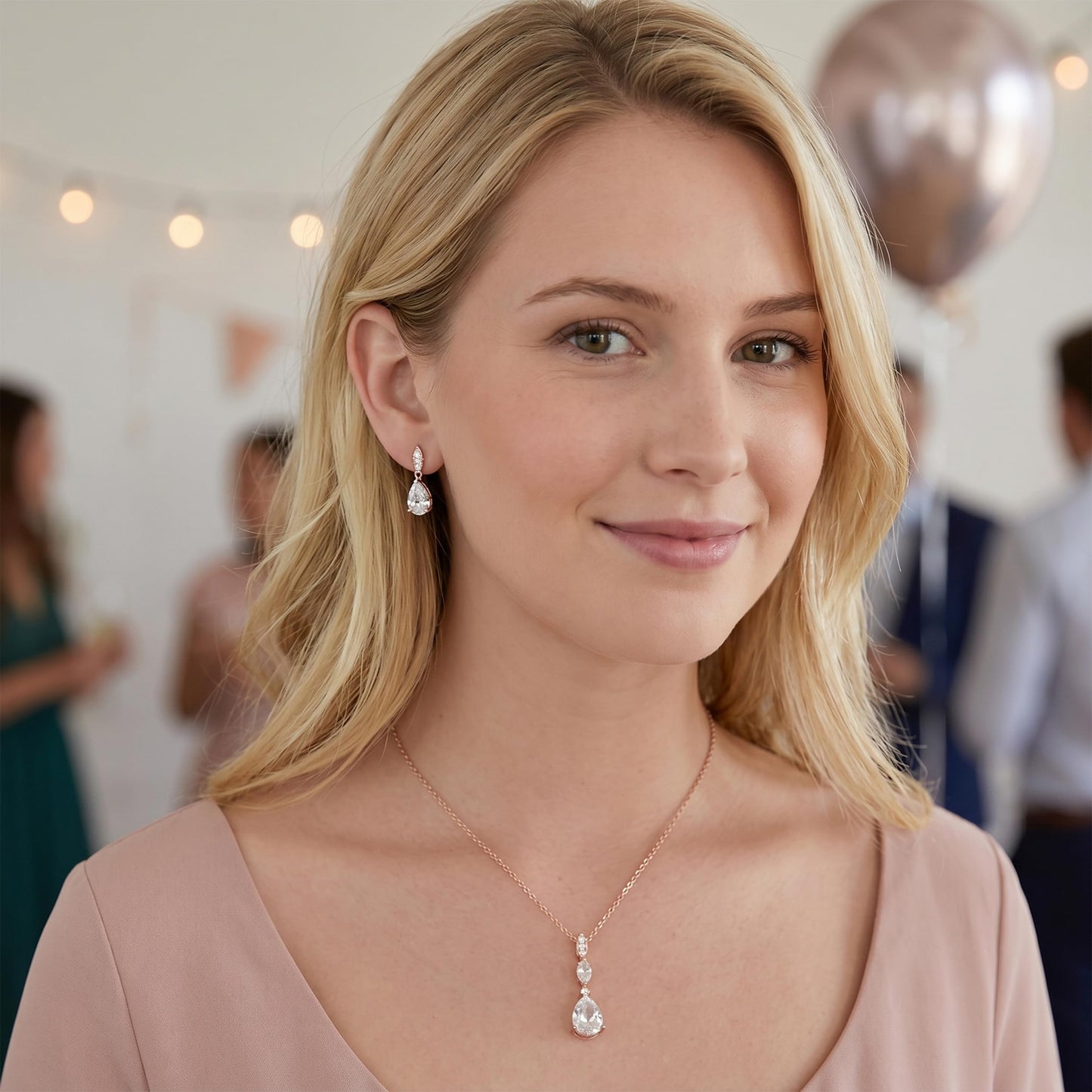 Mariell Bridal Wedding Necklace Earrings Set, 14K Rose Gold Plated CZ Pendant and Drop Earring for Bride, Bridesmaid
