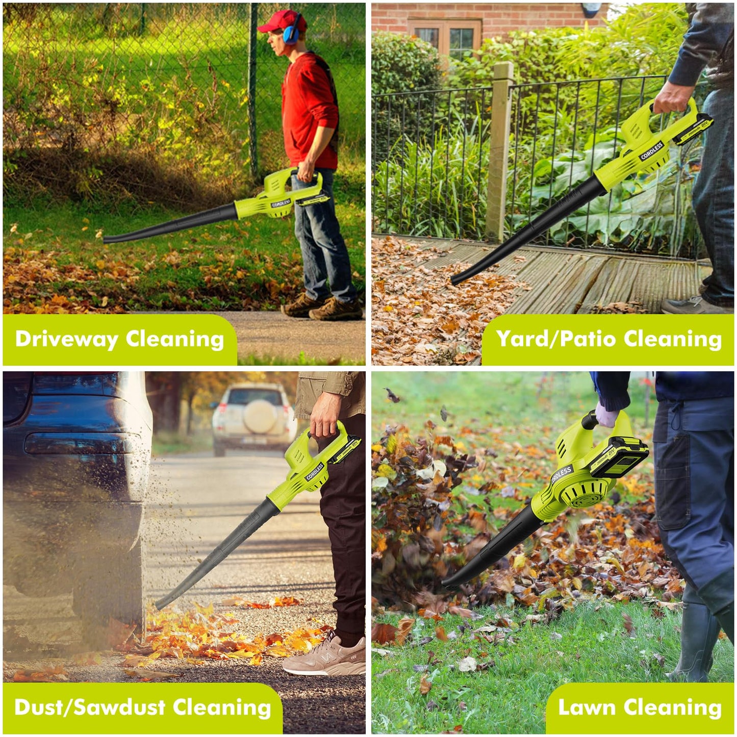 Leaf Blower Cordless - 21V Powerful Electric Leaf Blower with 2 Batteries and Charger, 2 Speed Modes, 2.0Ah Lightweight Battery Powered Leaf Blowers for Lawn Care, Patio, Dust, Blowing Leaves