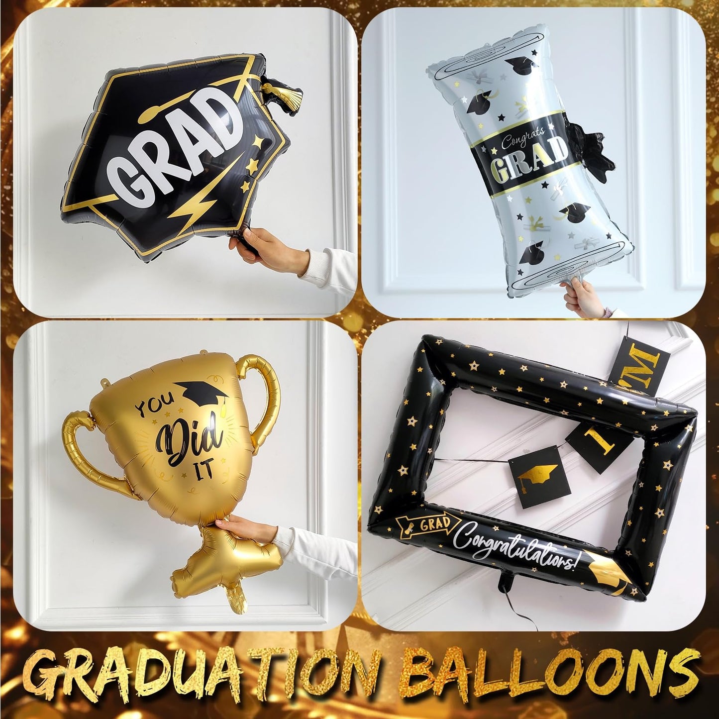 135Pcs Black Gold White Graduation Balloon Garland Arch Kit,with Explosion Star,Diploma,Trophy,Grad Hat,Photo Frame Foil Balloons for Congrats Class of 2026 Graduates Celebrations Party Decoration