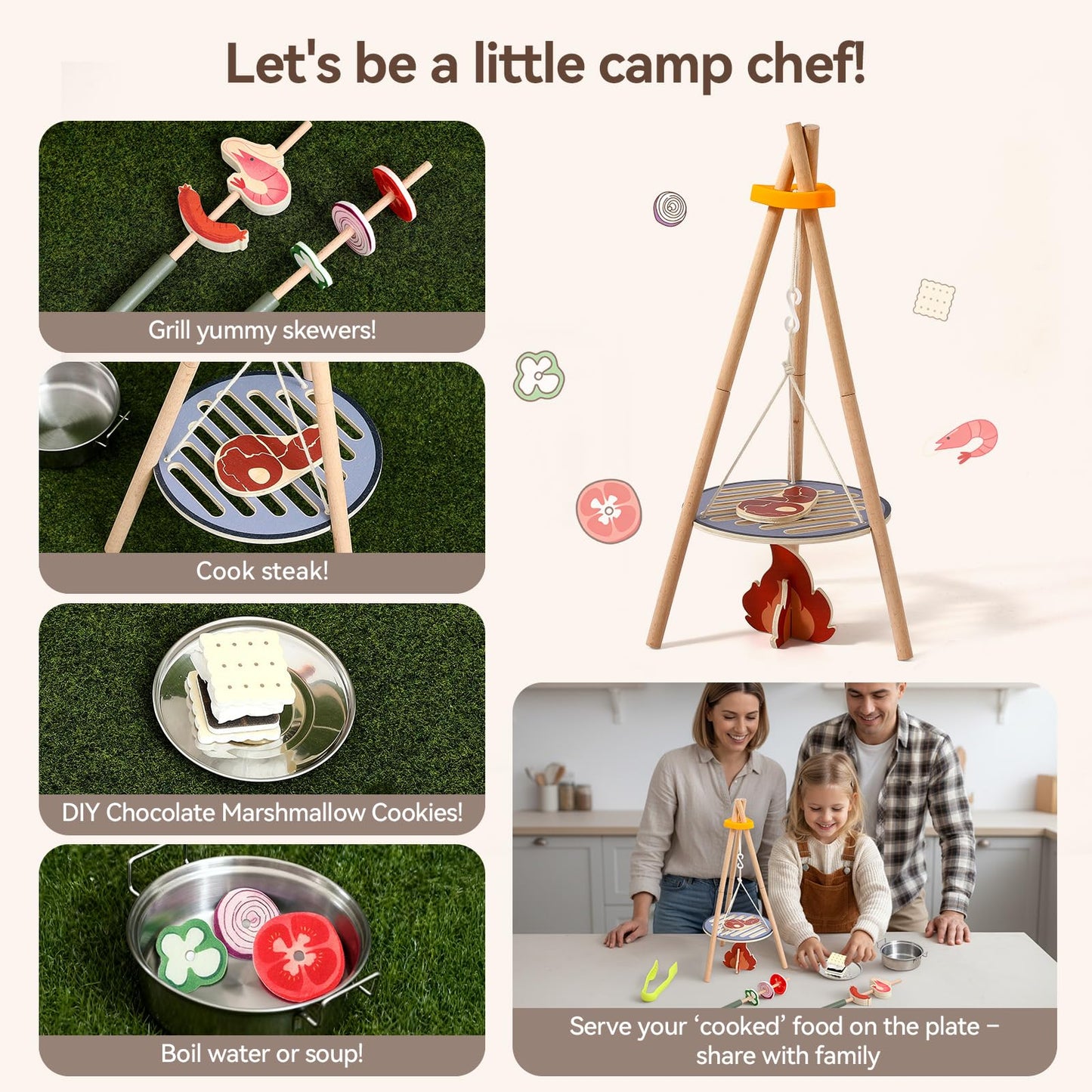 Wooden Kids Camping Toy Set, Campfire Cooking Play Set with Tripod Grill, S’Mores & Kebab Skewers, Montessori Pretend Camping Kitchen Gift for Toddlers Ages 3–6