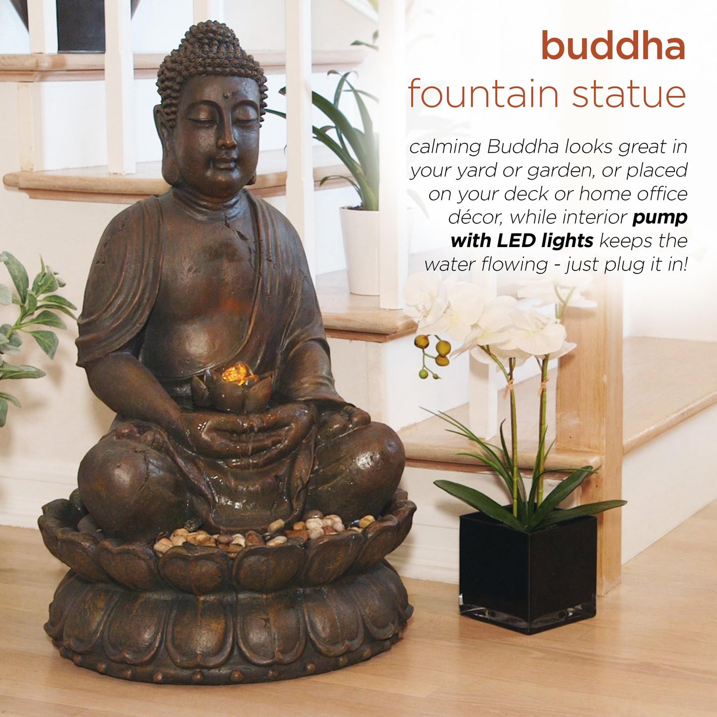 Alpine Corporation GEM122 Outdoor Floor Meditating Soothing Buddha Statue Waterfall Fountain for Garden, 33", Bronze