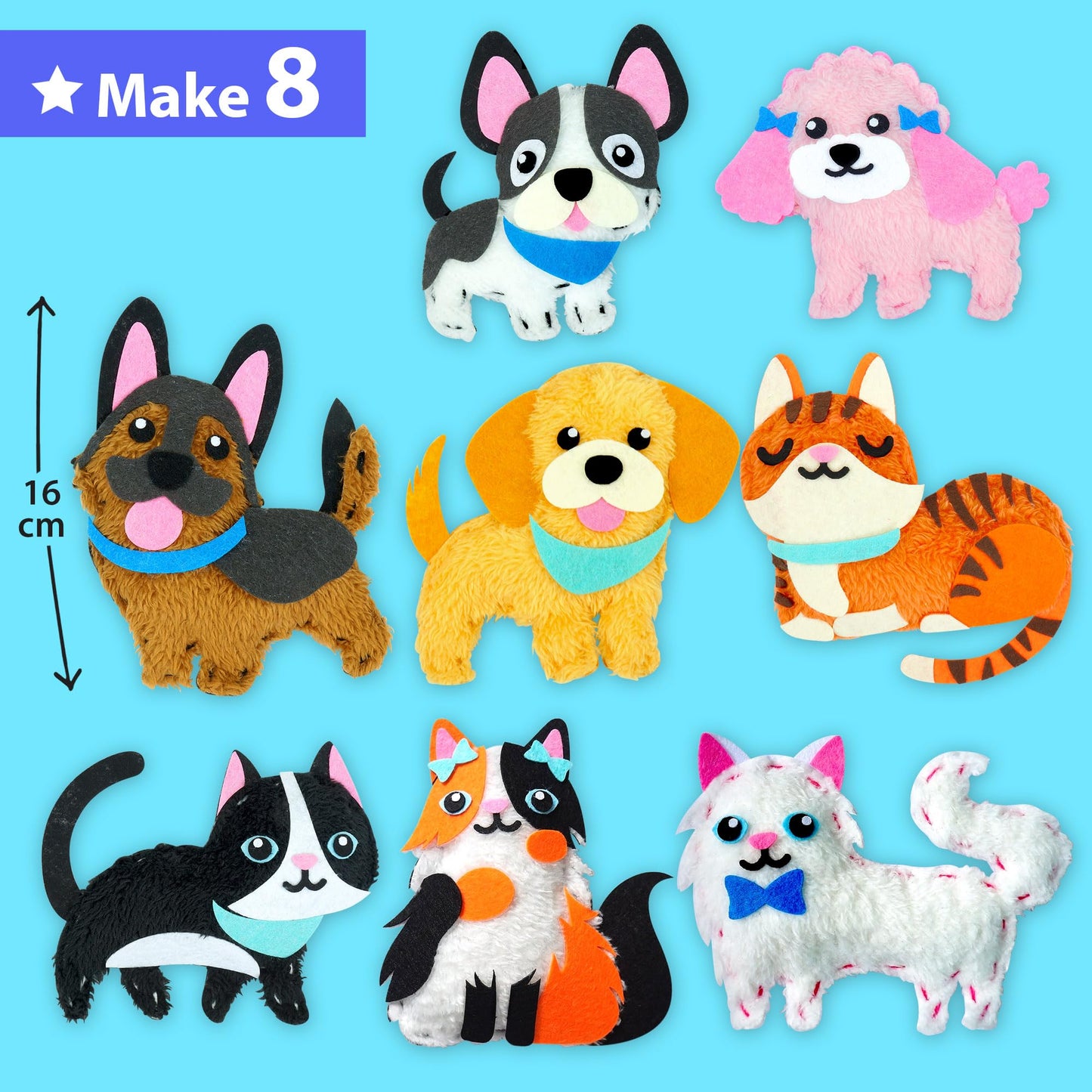 KRAFUN Easy Sewing Kit for Beginner Kids Arts & Crafts, 8 Easy DIY Projects of Stuffed Animal Dolls of Puppies & Kittens, Dogs and Cats, Instructions & Felt, Gift for Girls, Boys, Learn to Sew