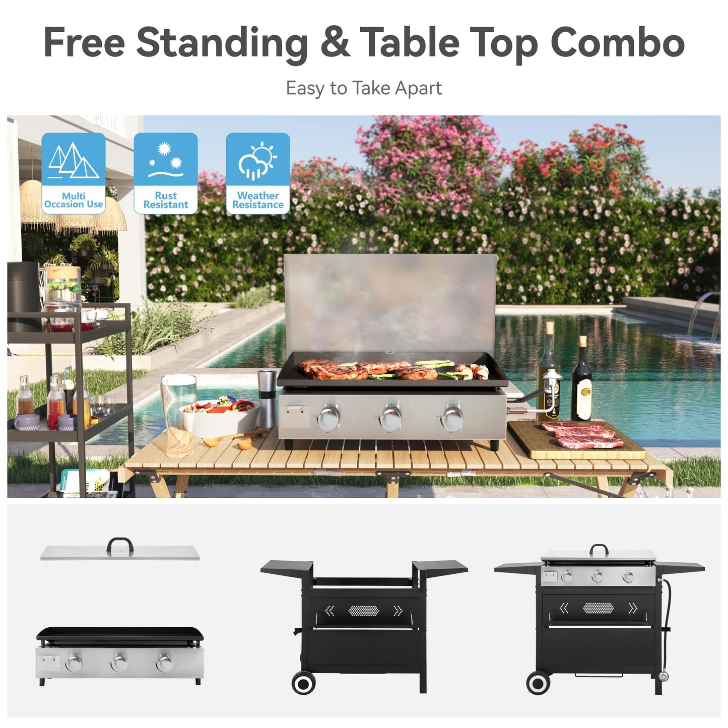 GREEN PARTY 3 Burner Propane Gas Griddle with Removable Standing Cart, Convertible to Tabletop Design, 27 inch Flat Top Grill for Outdoor Cooking Camping Tailgating Barbecue