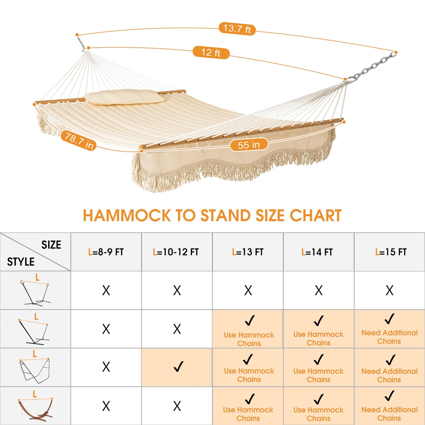 Lazy Daze Hammocks 12 FT Double Quilted Fabric Hammock with Hardwood Spreader Bar, Tassels, Soft Pillow, Chains, 2 Person Hammock for Outside Patio Backyard Poolside, 450 LBS Weight Capacity, Cream