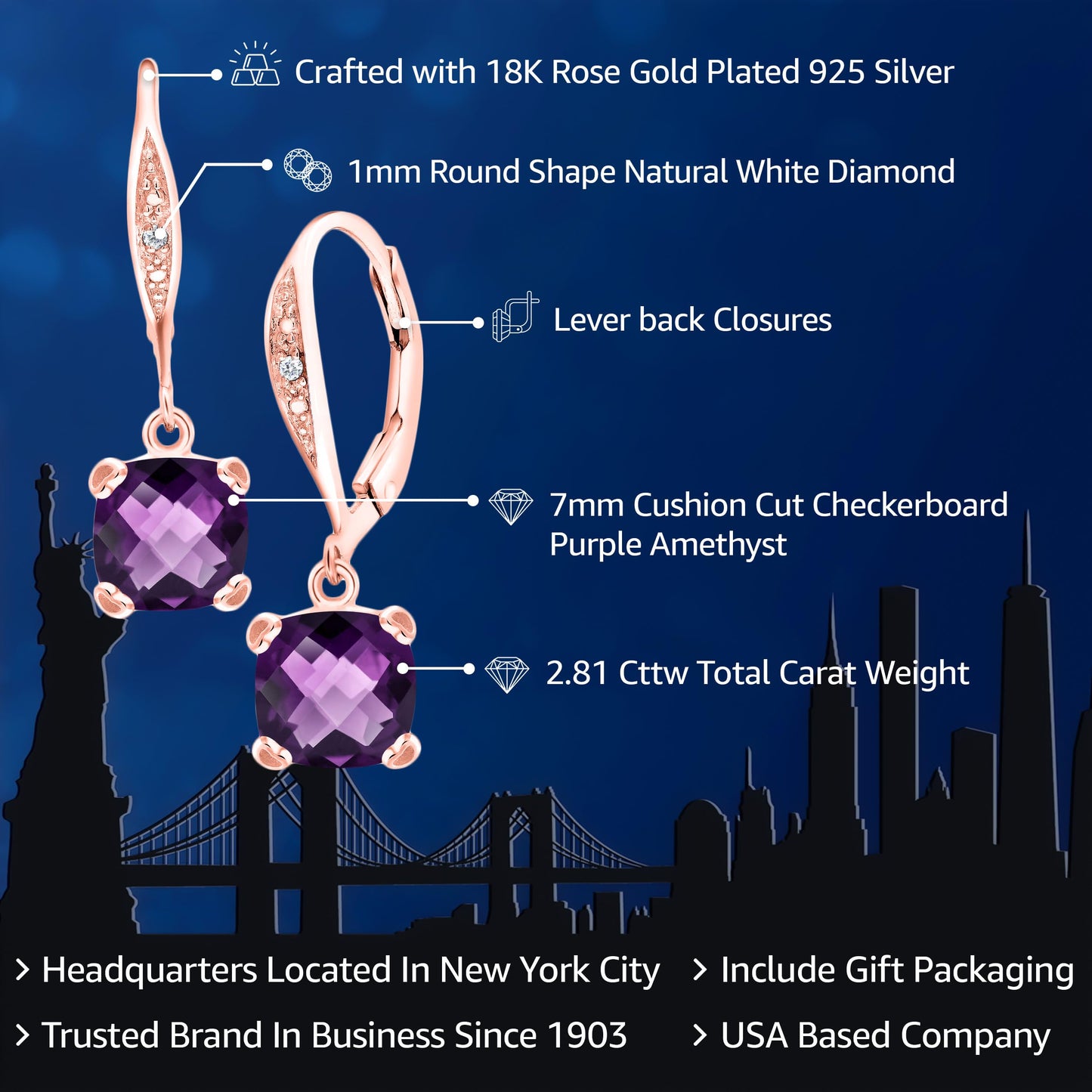 Gem Stone King Drop Dangle Earrings For Women | 7MM Cushion Cut Gemstone Birthstone and Diamond | 925 Sterling Silver | Jewelry Gift for Mom Wife Her | Amethyst-Checkerboard-February | Rose Gold