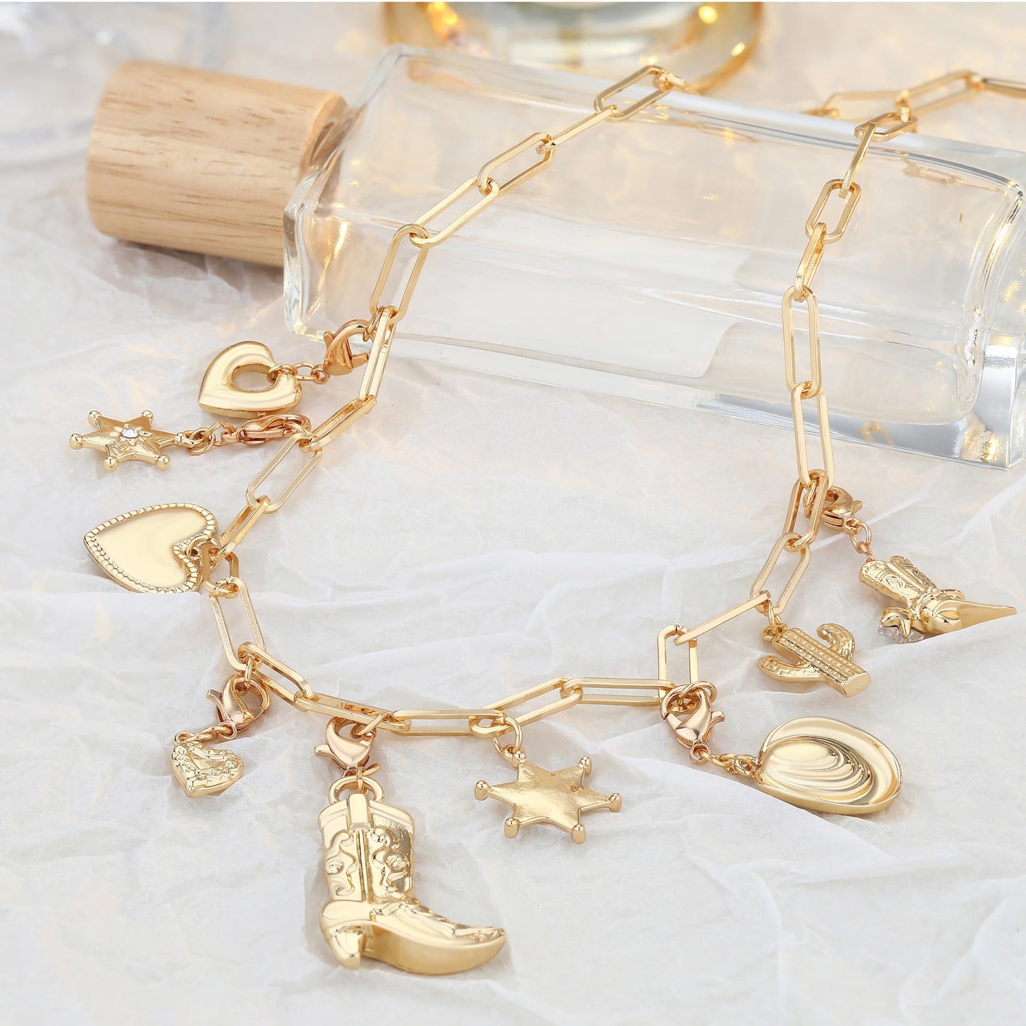 Women's Fashion Vintage Cactus Star Pendant Necklace - Detachable Multi Pendant Boot Charm Dainty Gold Chunky Paperclip Chain Layered Necklace Jewelry Gift for Her (Birthday, Valentine's Day, Christmas)