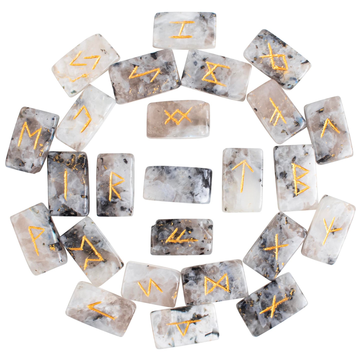 Crocon rectangle shape gemstone runes with Elder Futhark Alphabet Engraved |25 pcs rune set |Crystal Divination Healing Chakra Reiki set| with a pouch|Size: 20-25mm (Rainbow moonstone rune)