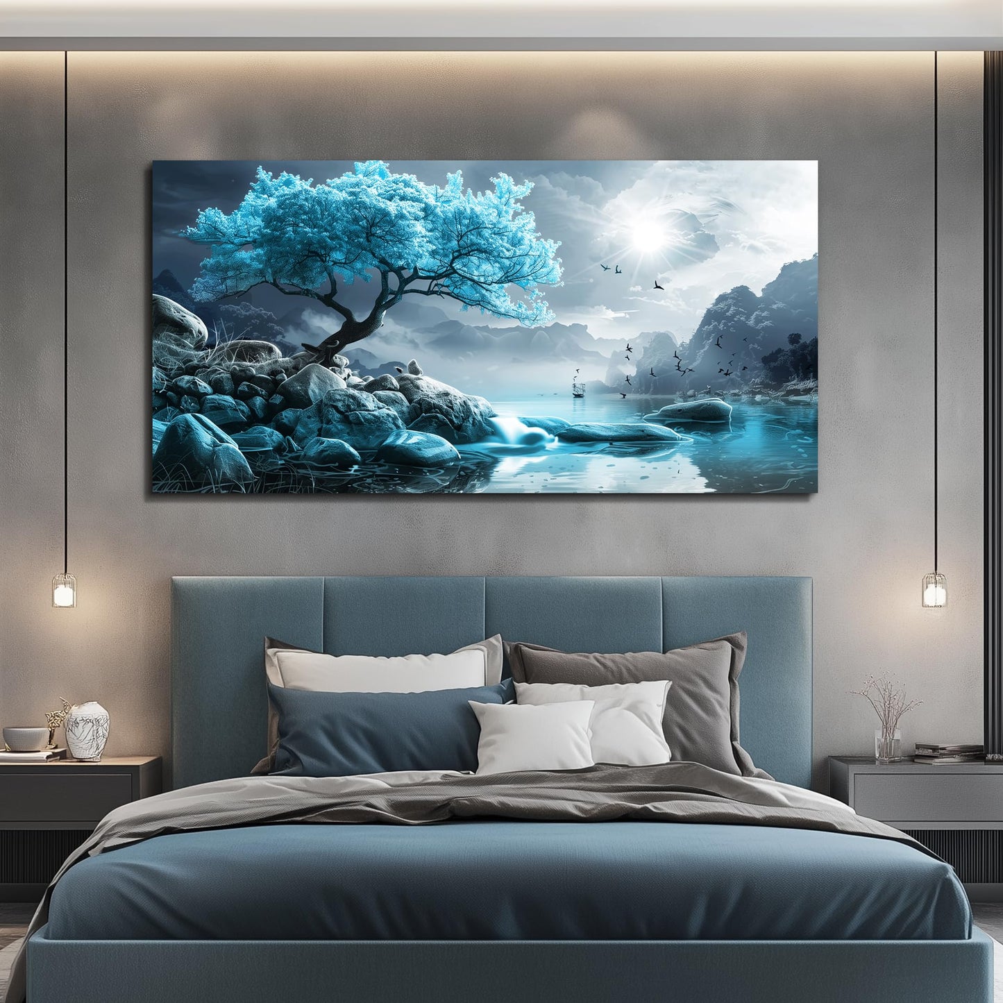 KELIYUAN Large Wall Art For Living Room Canvas Wall Decor Bedroom Blue Tree Landscape Wall Paintings Black And White Pictures Office Mural Framed Prints Artwork Modern Home Decorations 30x60in