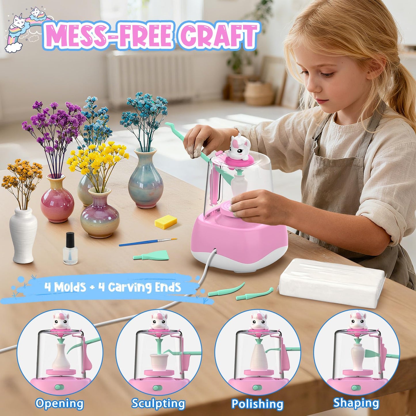 Mini Pottery Wheel for Kids - Pottery Painting Craft Kit with 2.3in Turntable, Clay, Flowers, Mess Free Arts and Crafts for Kid Ages 8-12, Birthday Christmas Gift Toy for Girls Ages 6-12+, Pink