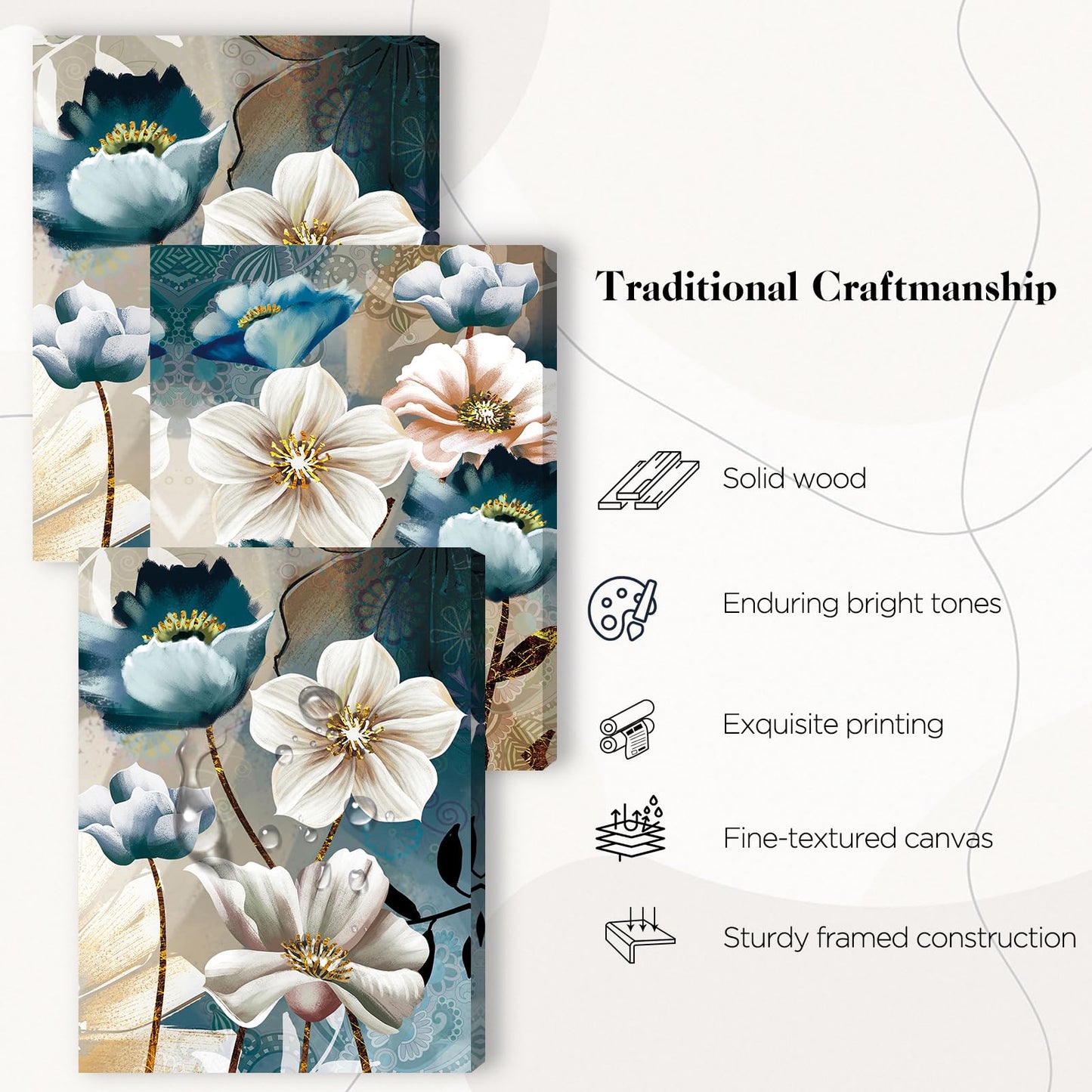 SERIMINO 3 Piece Lotus Flower Canvas Wall Art for Living Room, Blue Floral Picture Wall Decor for Dining Room Bedroom, Art Print Painting for Home Decorations 12"X16"