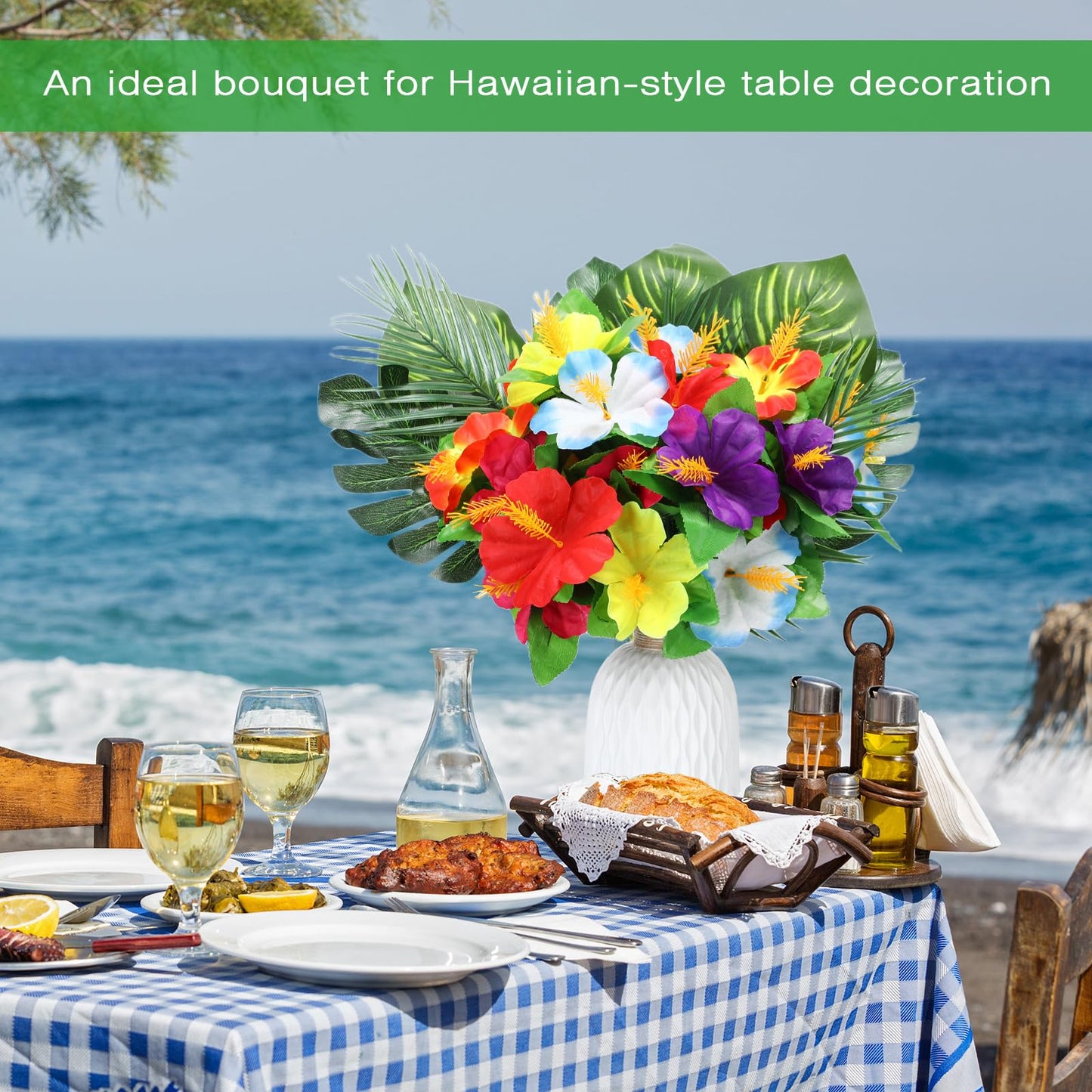 Hotop 24 Pcs Hawaiian Flower Centerpieces for Tables Artificial Palm Leaves Fake Hibiscus Flowers Tropical Party Decorations Supplies for Luau Safari Jungle Beach BBQ Theme Party Birthday Table Decor