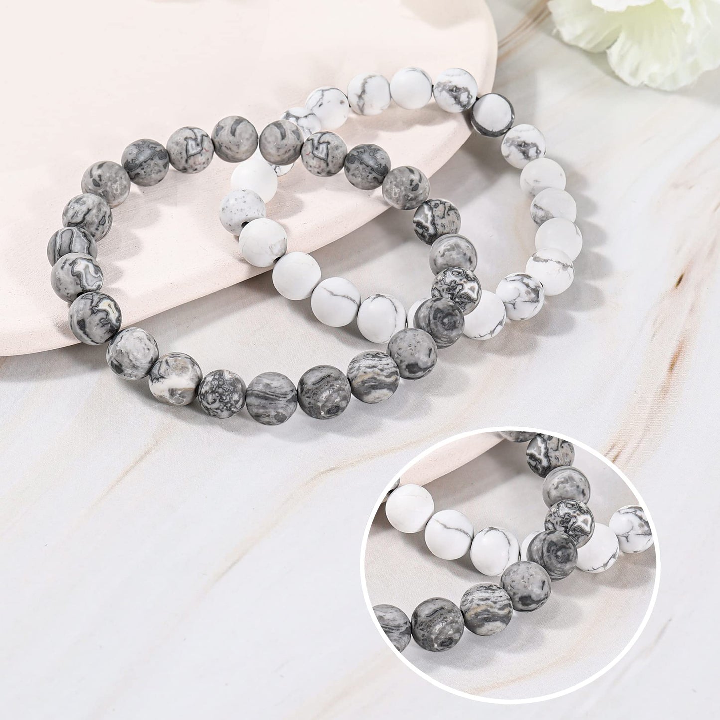 Bivei Natural Gemstone Healing Crystals Handmade 8mm Round Beads Bracelets Stretch Beaded Bracelet for Women Man(Frosted Picasso Jasper+Frosted White Howlite)