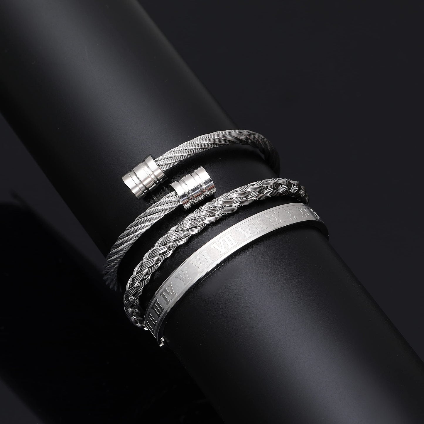WFYOU 3PCS Stainless Steel Bracelets for Men - Gold Roman Numeral & Adjustable Cuff Bracelets - Luxury Mens Jewelry Gifts, 2.5 inch, Metal, stainless-steel