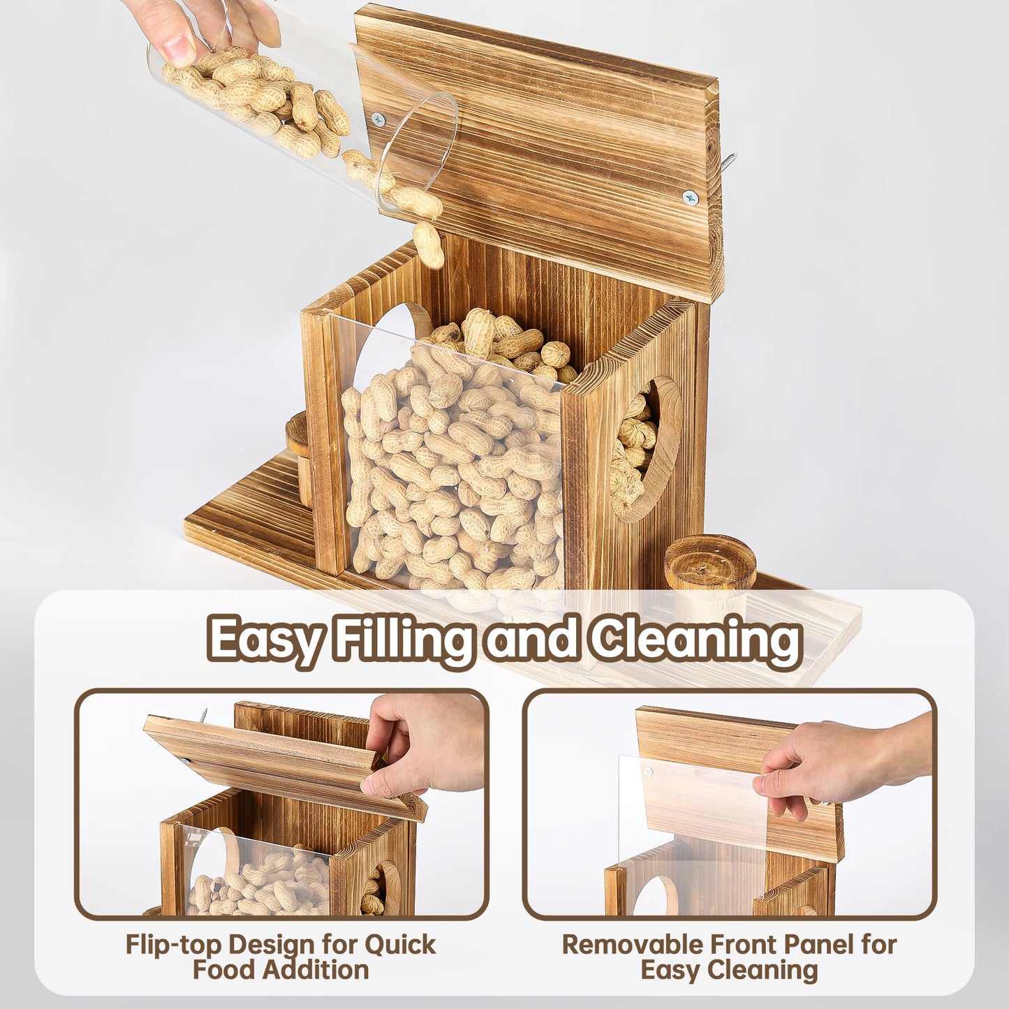 Carbonized Squirrel Feeders for Outside, Funny Chipmunk Feeder, Easy Filling & Cleaning with Removable Front Panel, Durable Outdoor House Box, Attracts Squirrel & Chipmunk