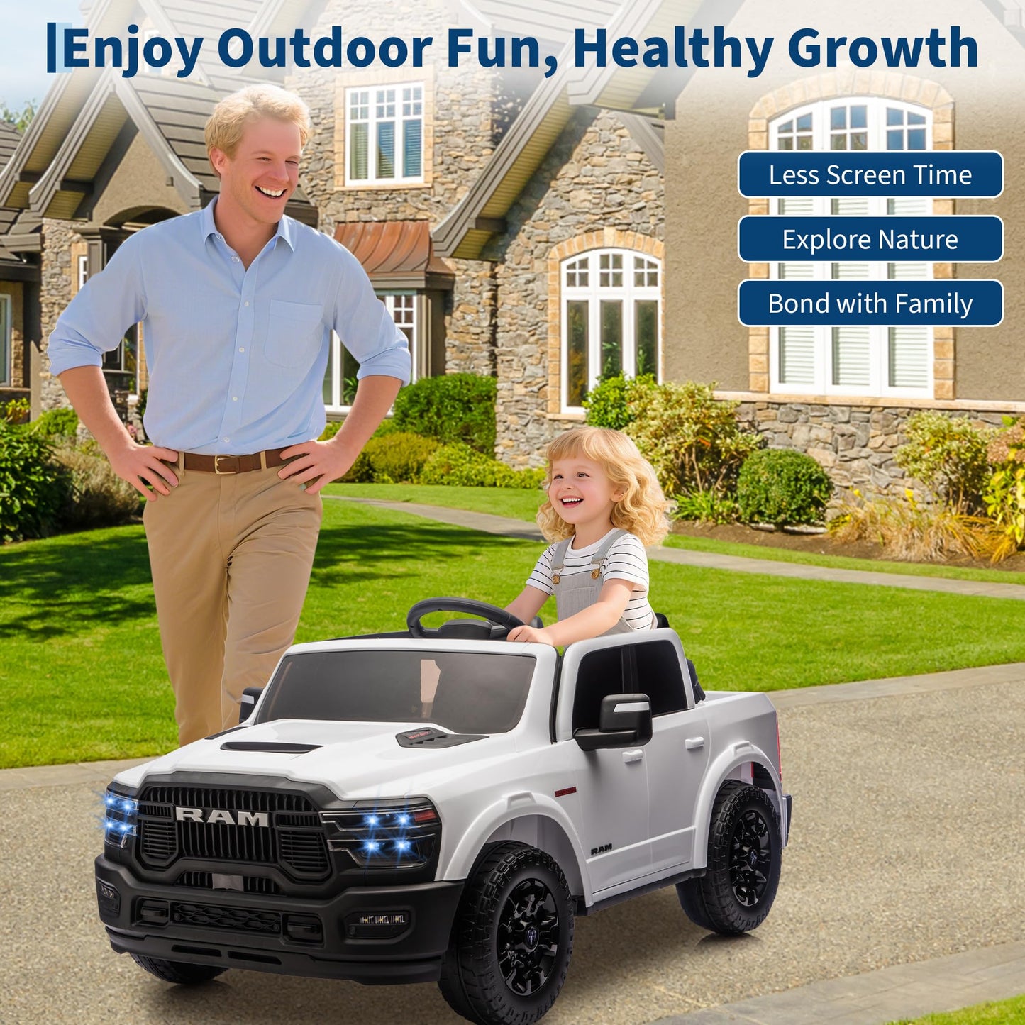 Licensed RAM 2500, 2 Seater Electric Car for Kids, 24v Ride on Truck w/Remote Control, Toddler Ride on Toys w/Bluetooth, Spacious Truck Bed, 3 Speed, LED Lights, Suspension, Gifts for Boys Girls
