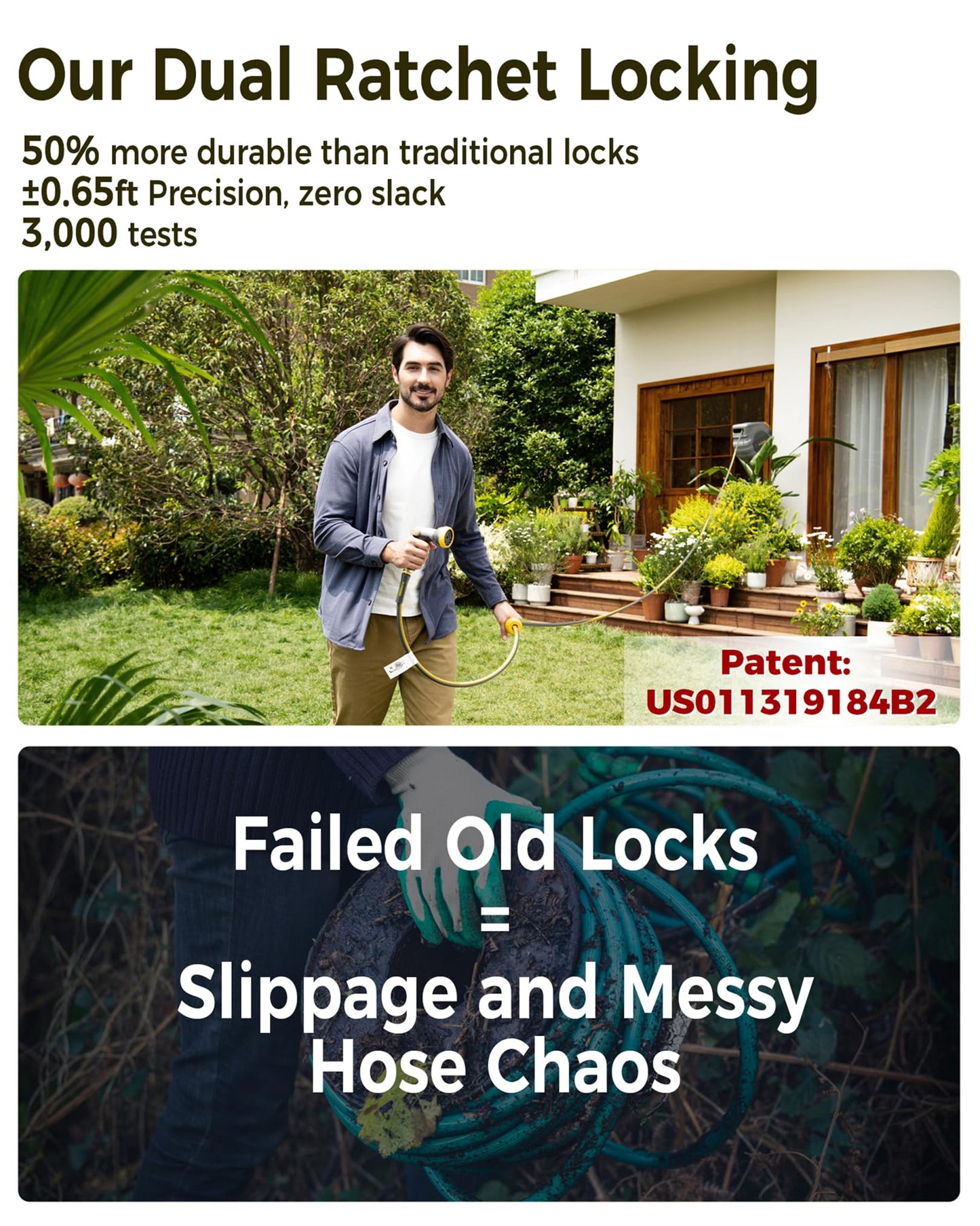 GLAHODEN Retractable Garden Hose Reel 5/8 in x 100 ft Metal Bracket, 2025 Upgraded Dual Ratchet Lock UV & Freeze Protection Brass Seal Slow Retraction Anti-Tangle Hose 180°Swivel